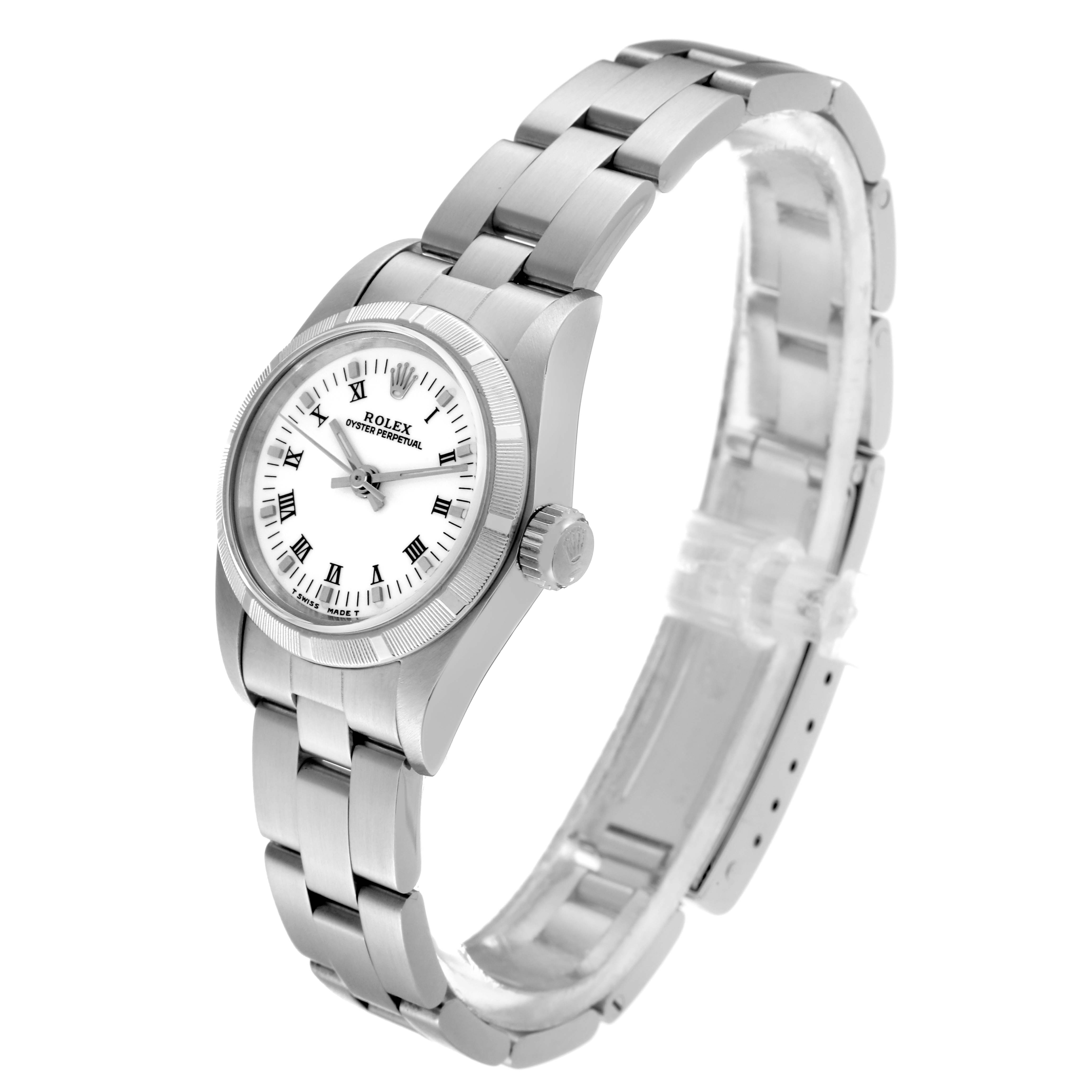 This image shows a Rolex Oyster Perpetual 67230 Women's Stainless Steel White Dial 67230 Women's Stainless Steel White Dial watch at a slight angle, displaying its face, bezel, crown, and bracelet.
