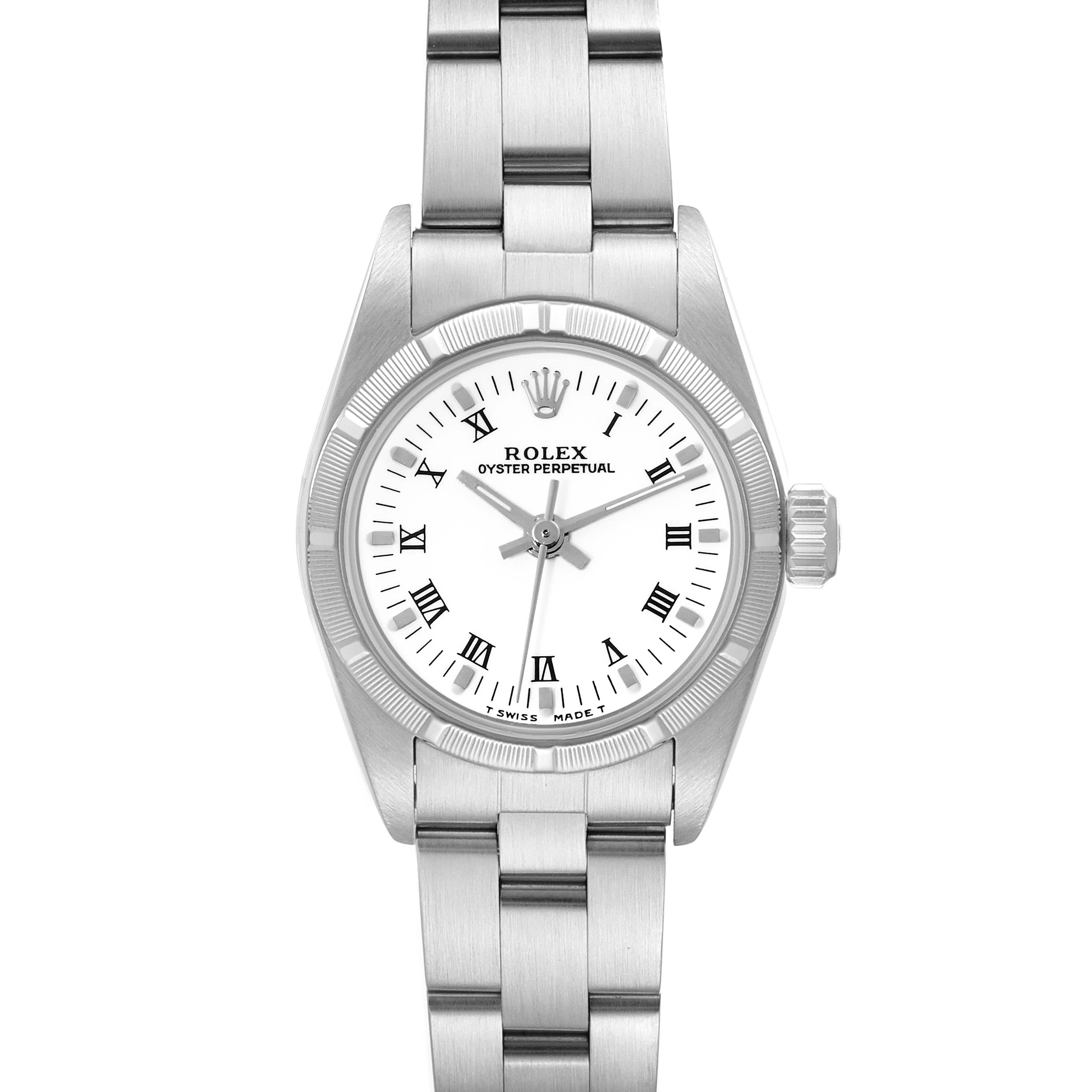 This is a front view of the Rolex Oyster Perpetual 67230 Women's Stainless Steel White Dial 67230 Women's Stainless Steel White Dial watch, showing the face, bezel, crown, and part of the bracelet.