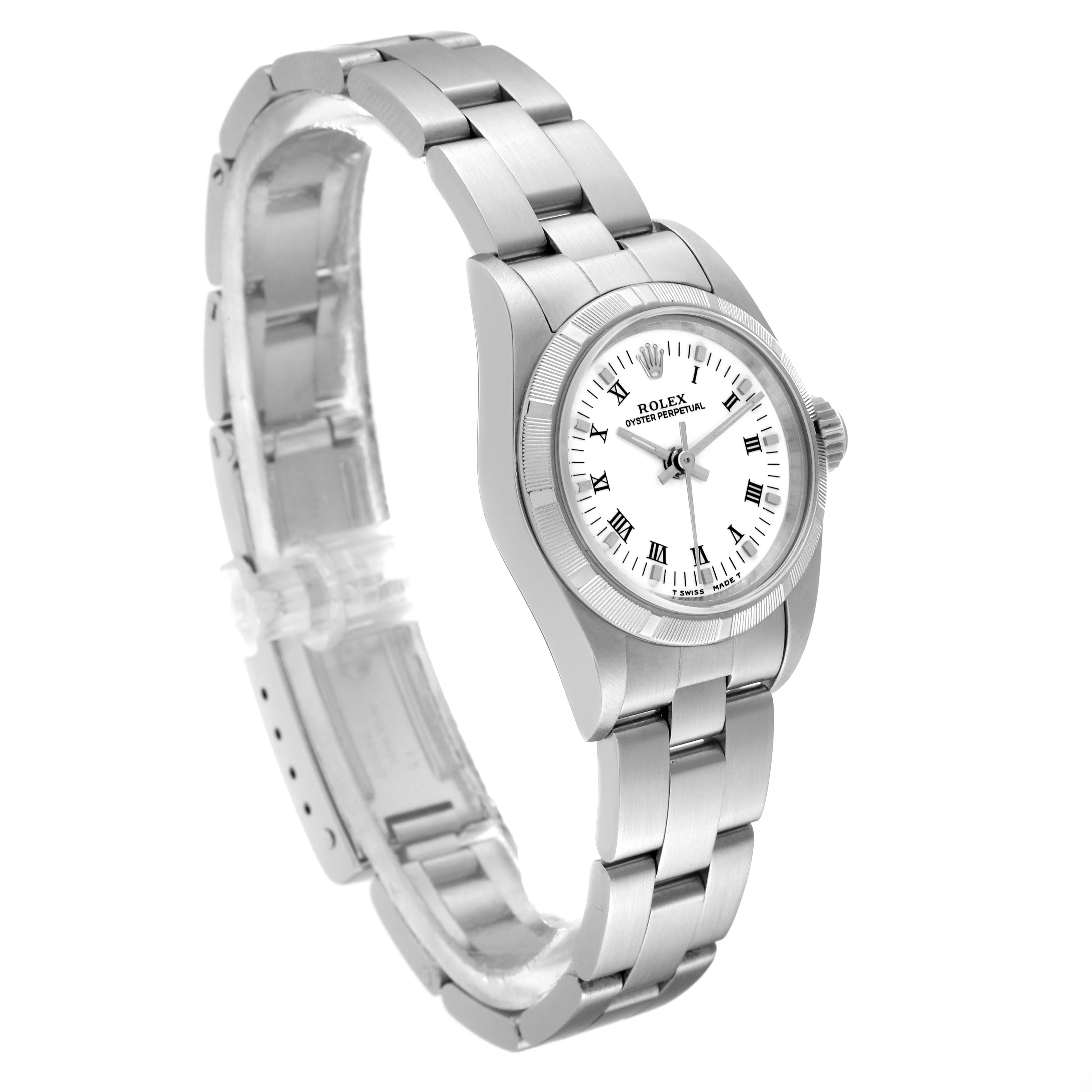 The image shows a Rolex Oyster Perpetual 67230 Women's Stainless Steel White Dial 67230 Women's Stainless Steel White Dial watch at a three-quarter angle, highlighting its face, bracelet, and clasp.