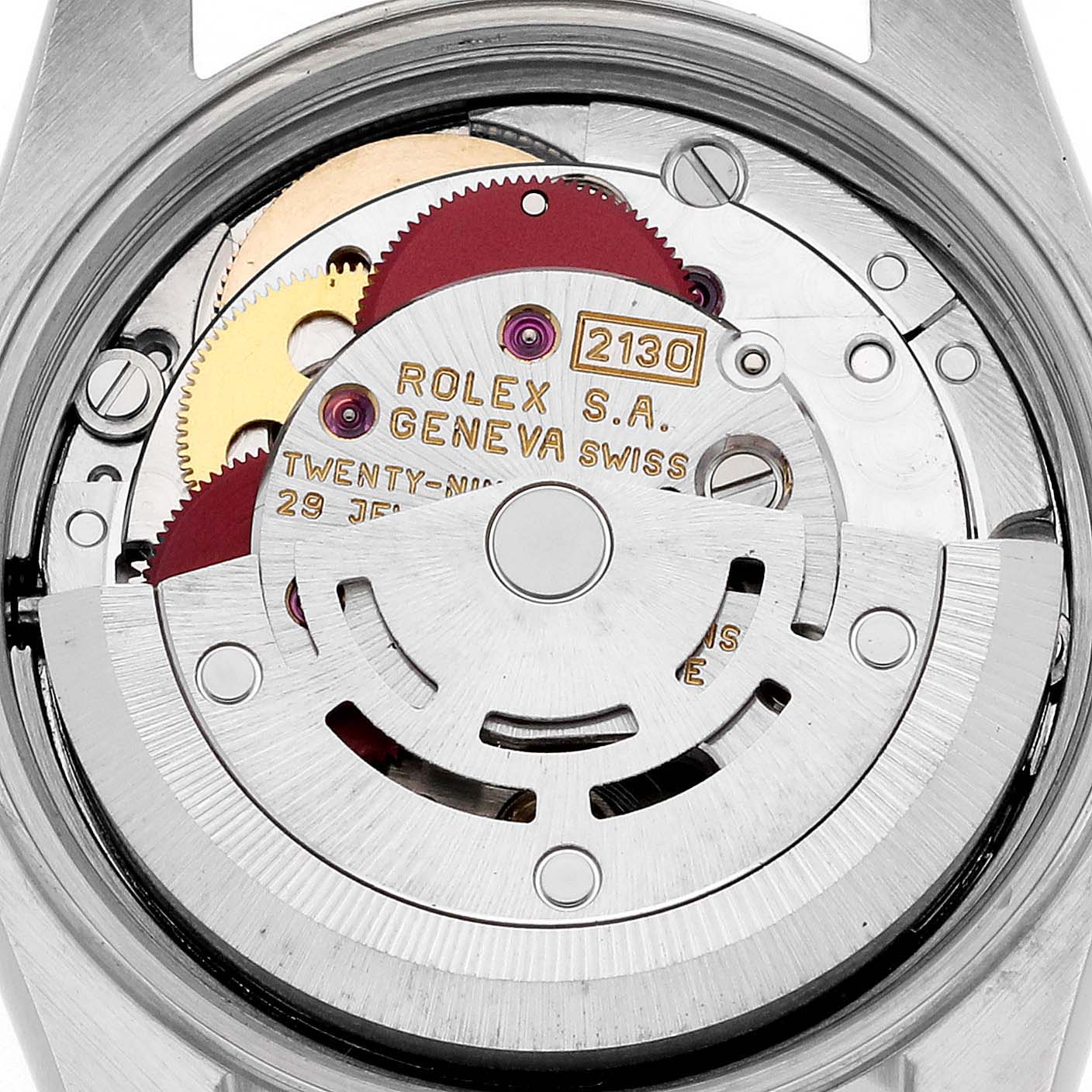 This image shows the movement mechanism of a Rolex Oyster Perpetual 67230 Women's Stainless Steel White Dial 67230 Women's Stainless Steel White Dial watch from a top-down angle.