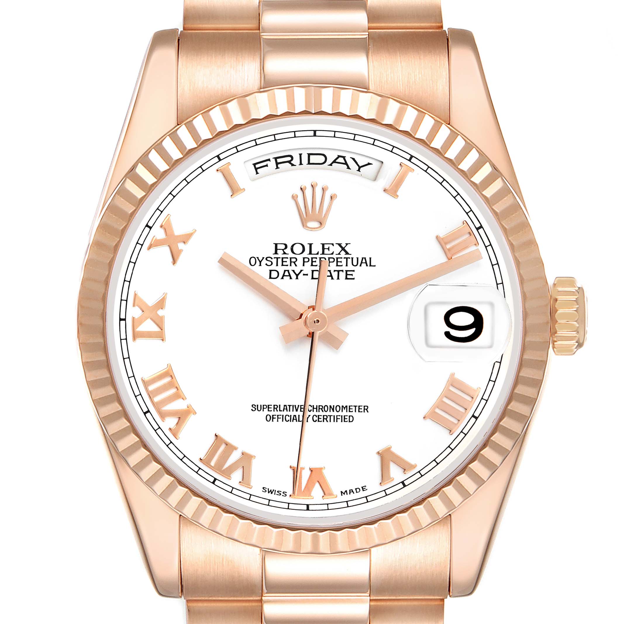 The Rolex President model 118235 is shown head-on, highlighting the face, fluted bezel, day-date display, Roman numerals, and part of the bracelet and crown.