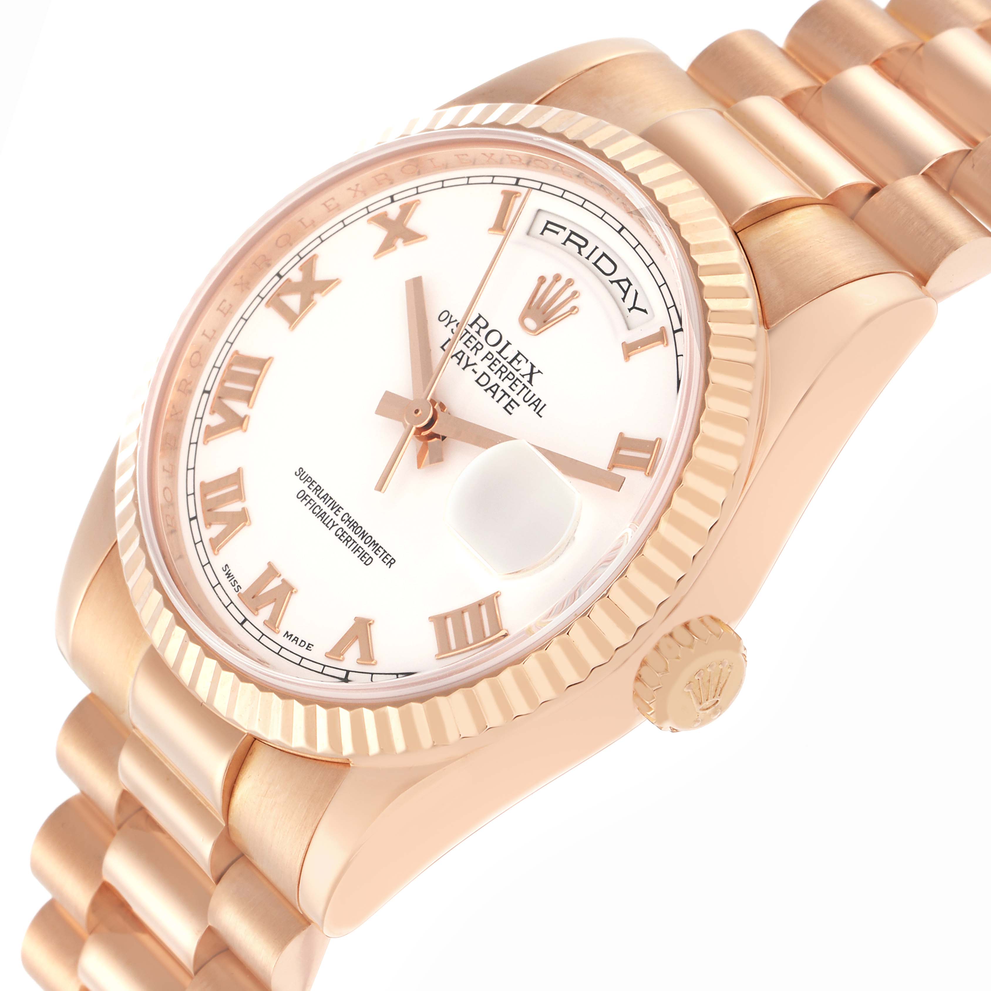 The Rolex President model 118235 men's watch is shown at an angle displaying the face, bezel, case, bracelet, and crown.