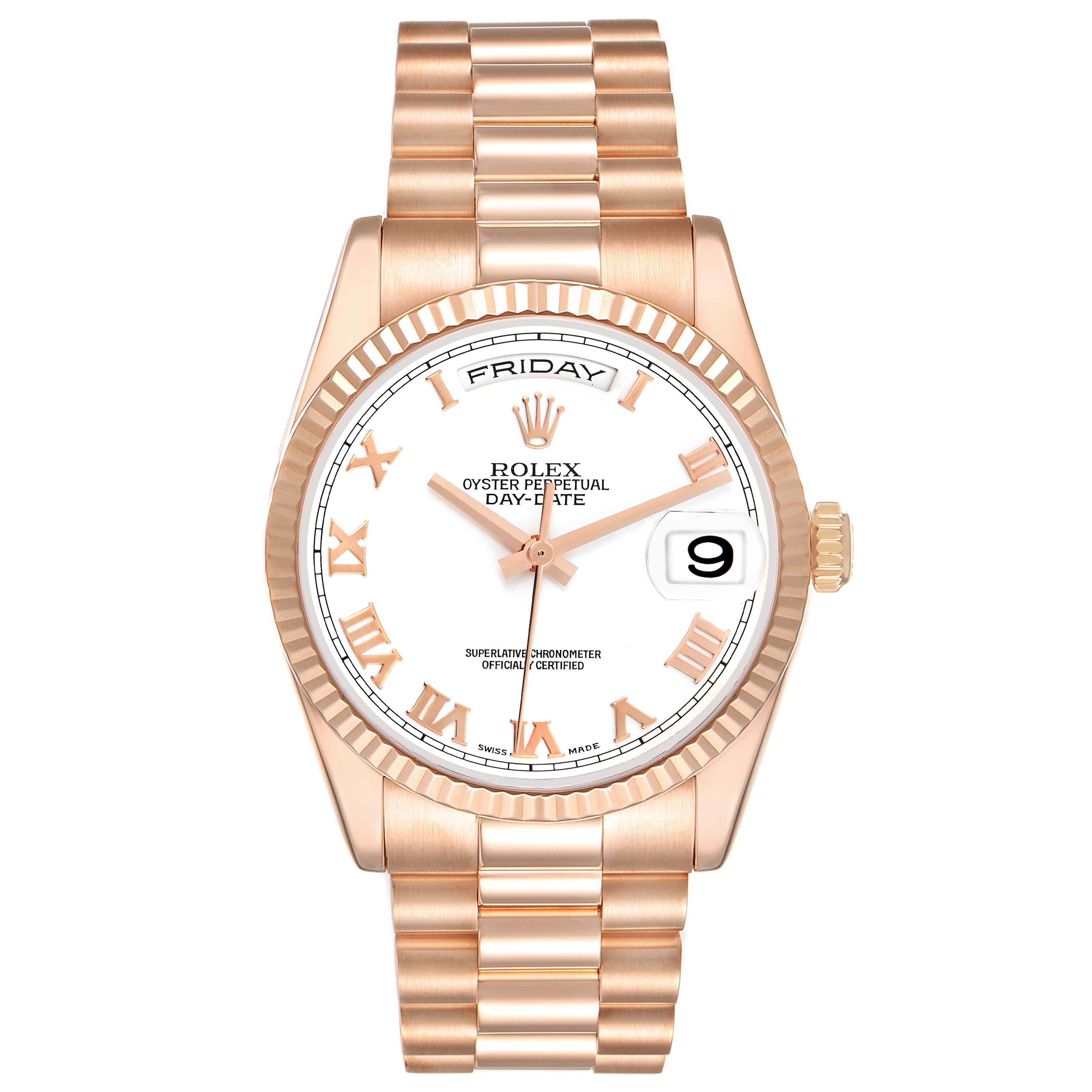 The Rolex President model 118235 is shown from the front, displaying the full watch face with day, date, and Roman numeral hour markers.