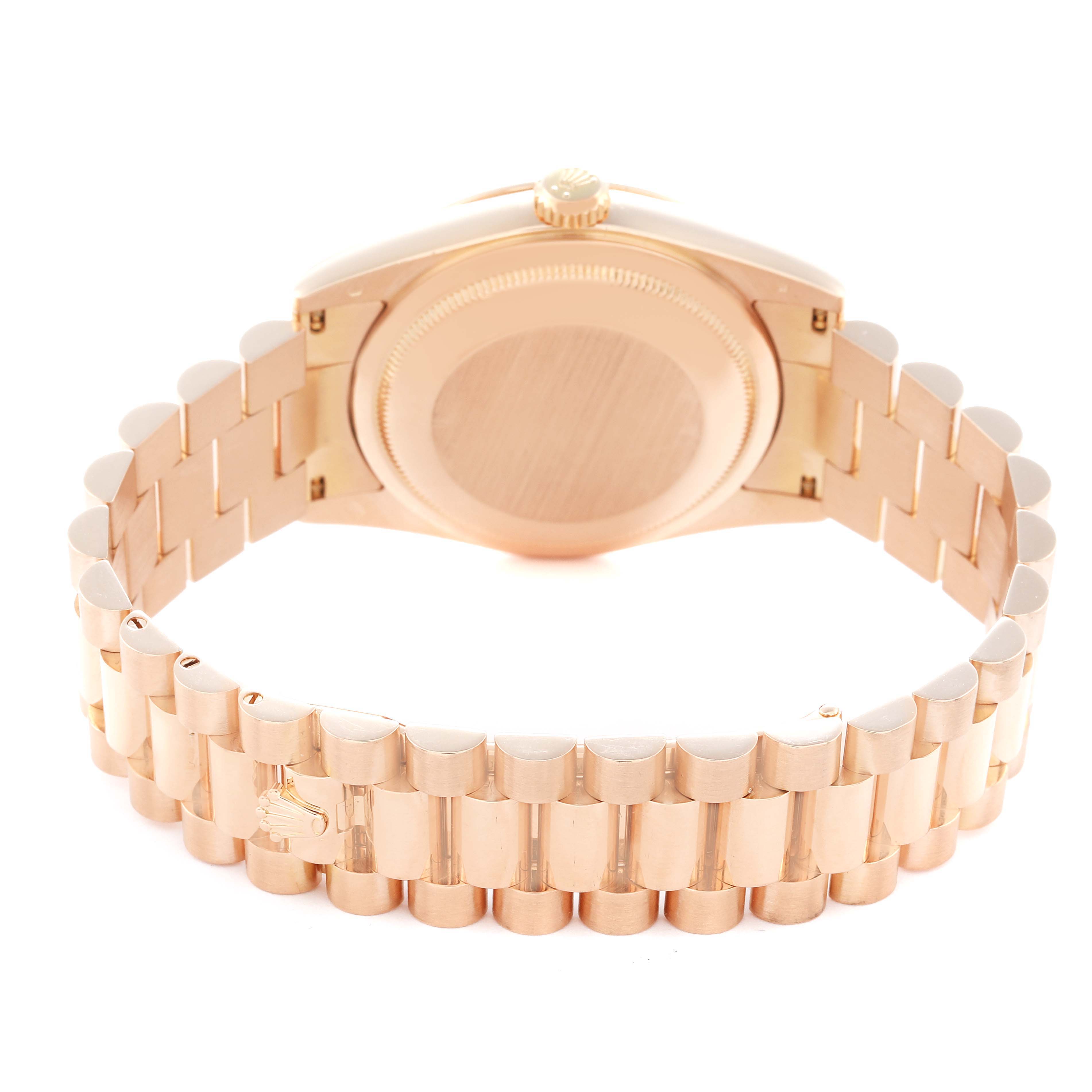 The image shows the back and side of the Rolex President model number 118235, highlighting the bracelet and caseback.