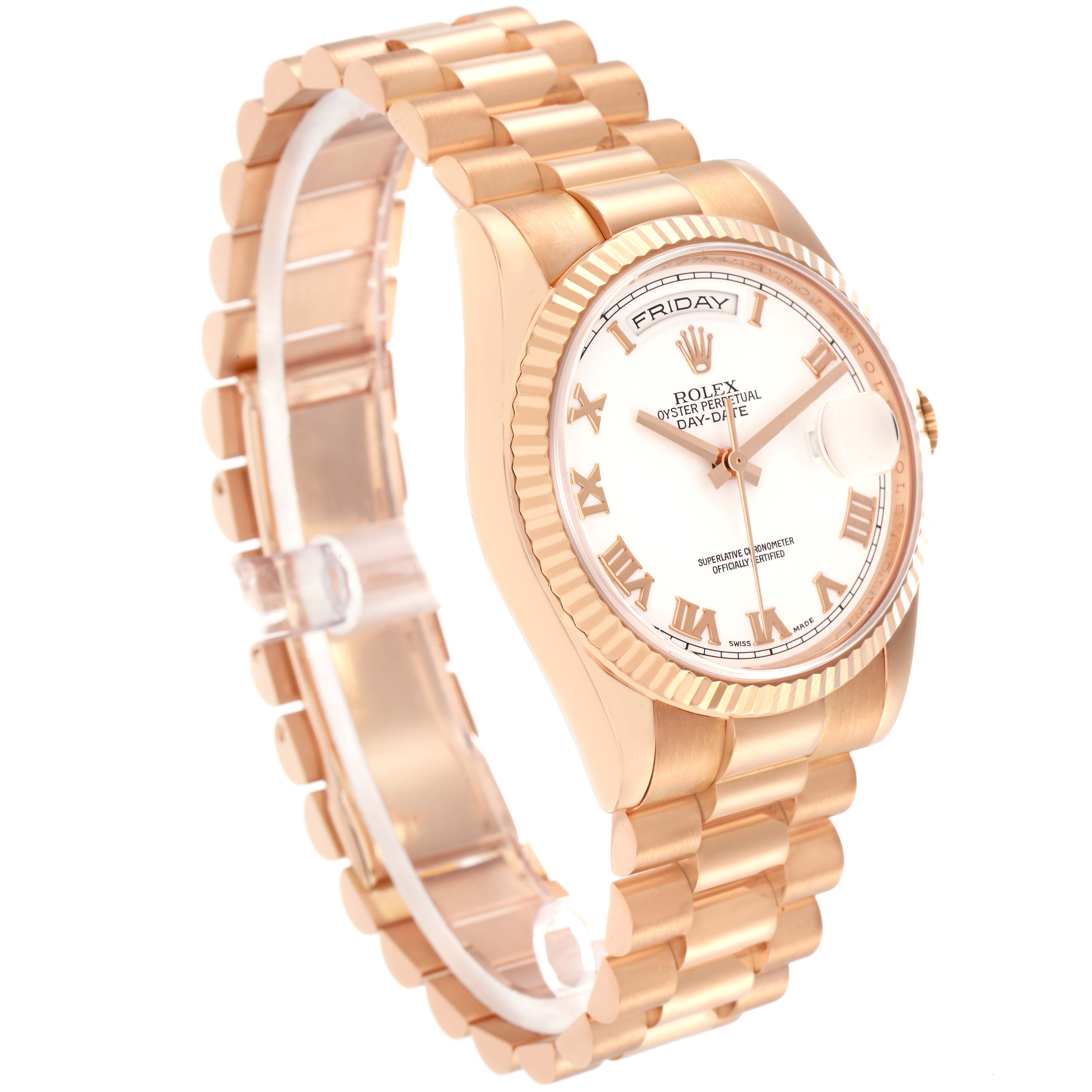 The Rolex President model 118235 men's watch is shown at an angled view showcasing its face, bracelet, fluted bezel, and Roman numeral markers.