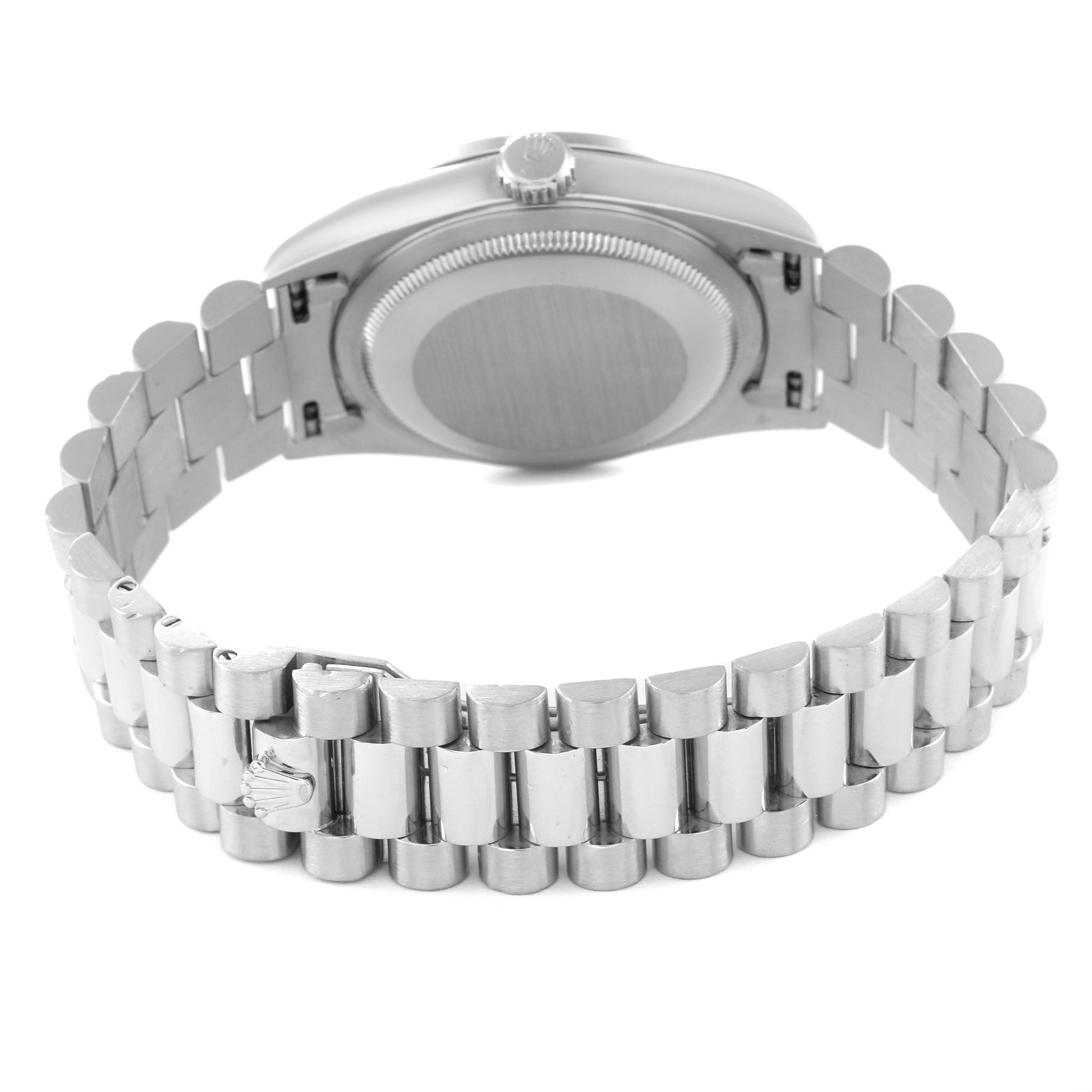 This image shows the back case and bracelet clasp of a Rolex President 18346 Men's Platinum Silver Dial 18346 Men's Platinum Silver Dial model watch from a rear angle.