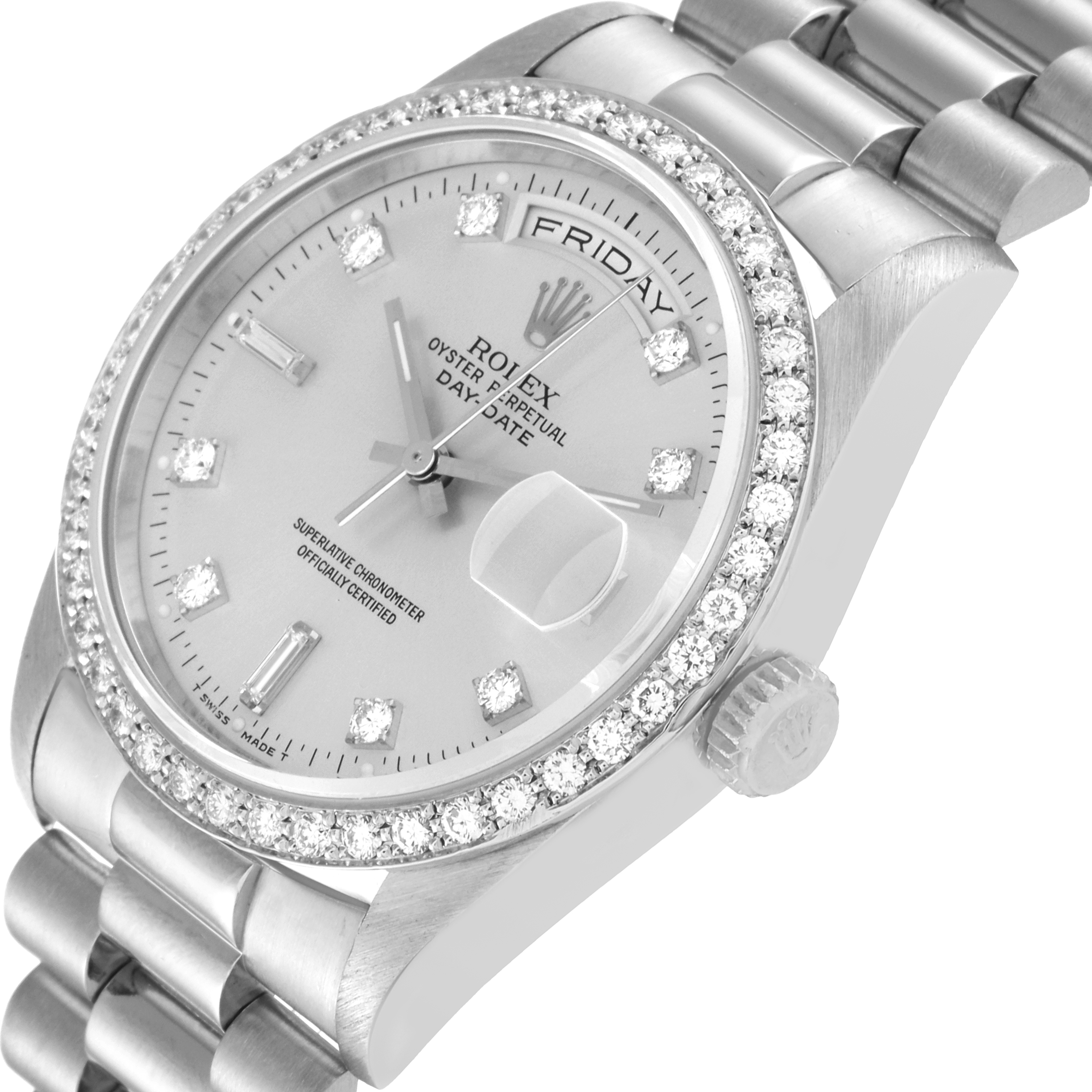 The Rolex President 18346 Men's Platinum Silver Dial 18346 Men's Platinum Silver Dial model watch is shown at an angle highlighting its face, bezel, crown, and part of the bracelet.