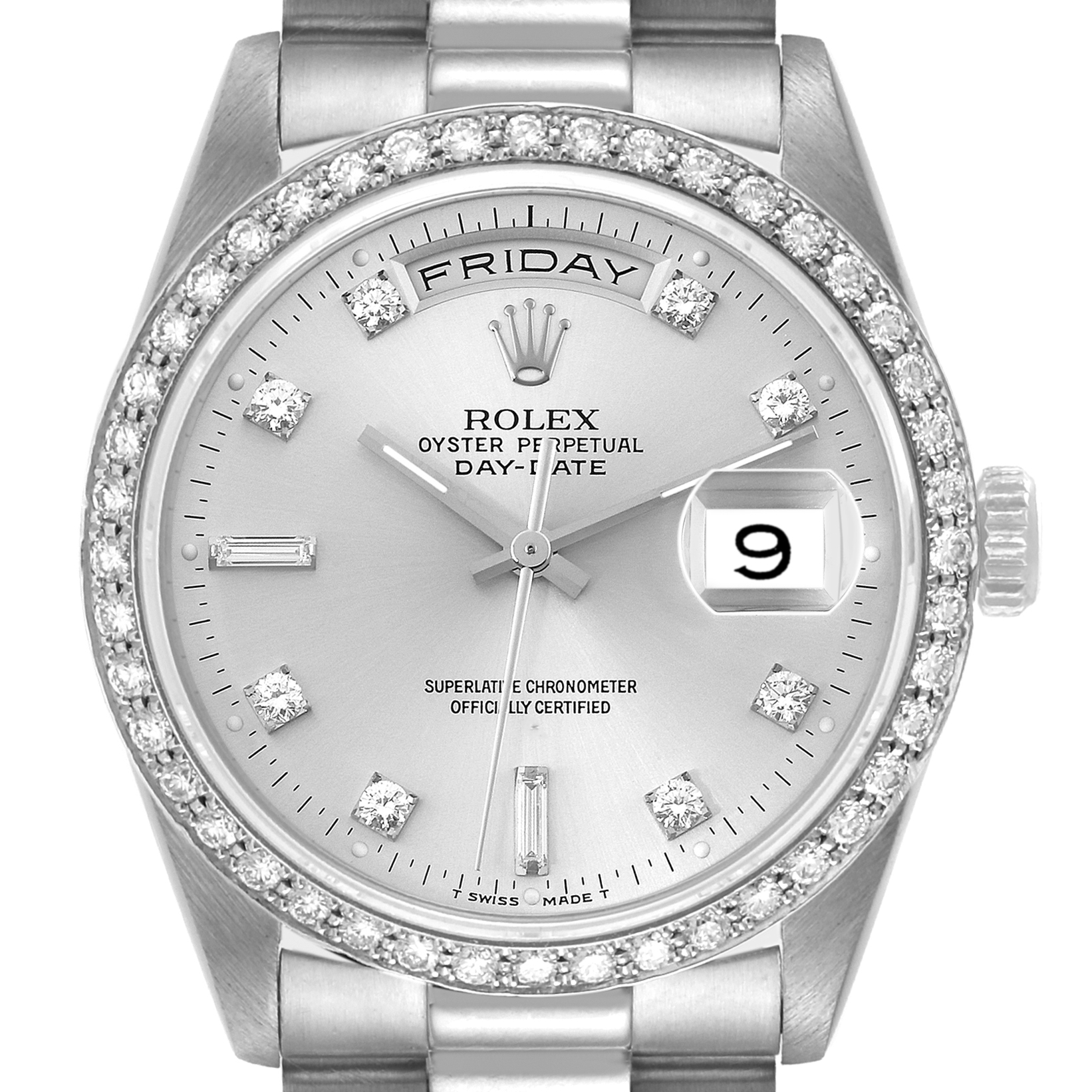 This image shows a front view of the Rolex President 18346 Men's Platinum Silver Dial 18346 Men's Platinum Silver Dial model watch, highlighting its face, bezel, hands, and bracelet.