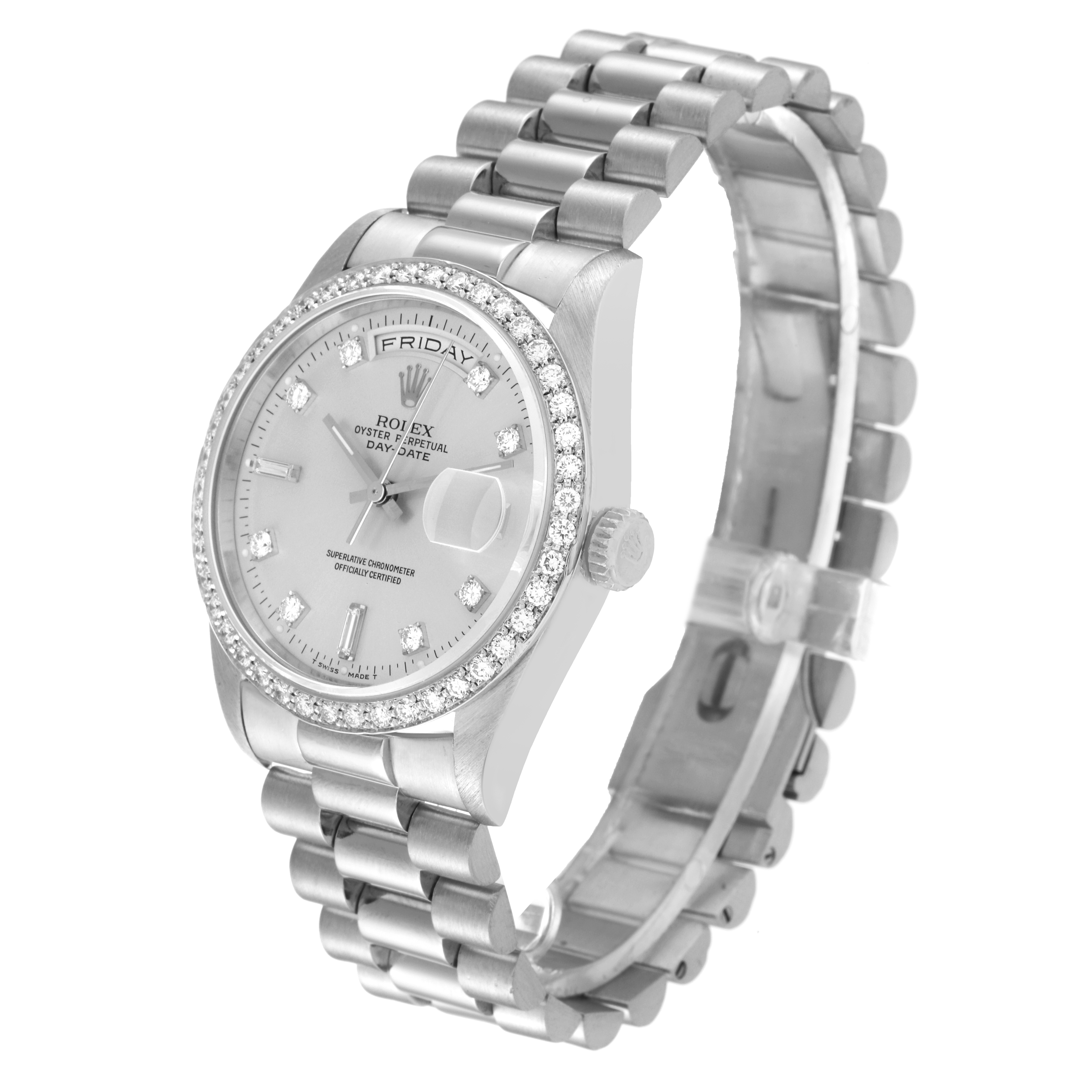 The image shows a Rolex President 18346 Men's Platinum Silver Dial 18346 Men's Platinum Silver Dial model watch at a front-right angle, displaying the bezel, dial, bracelet, and crown.