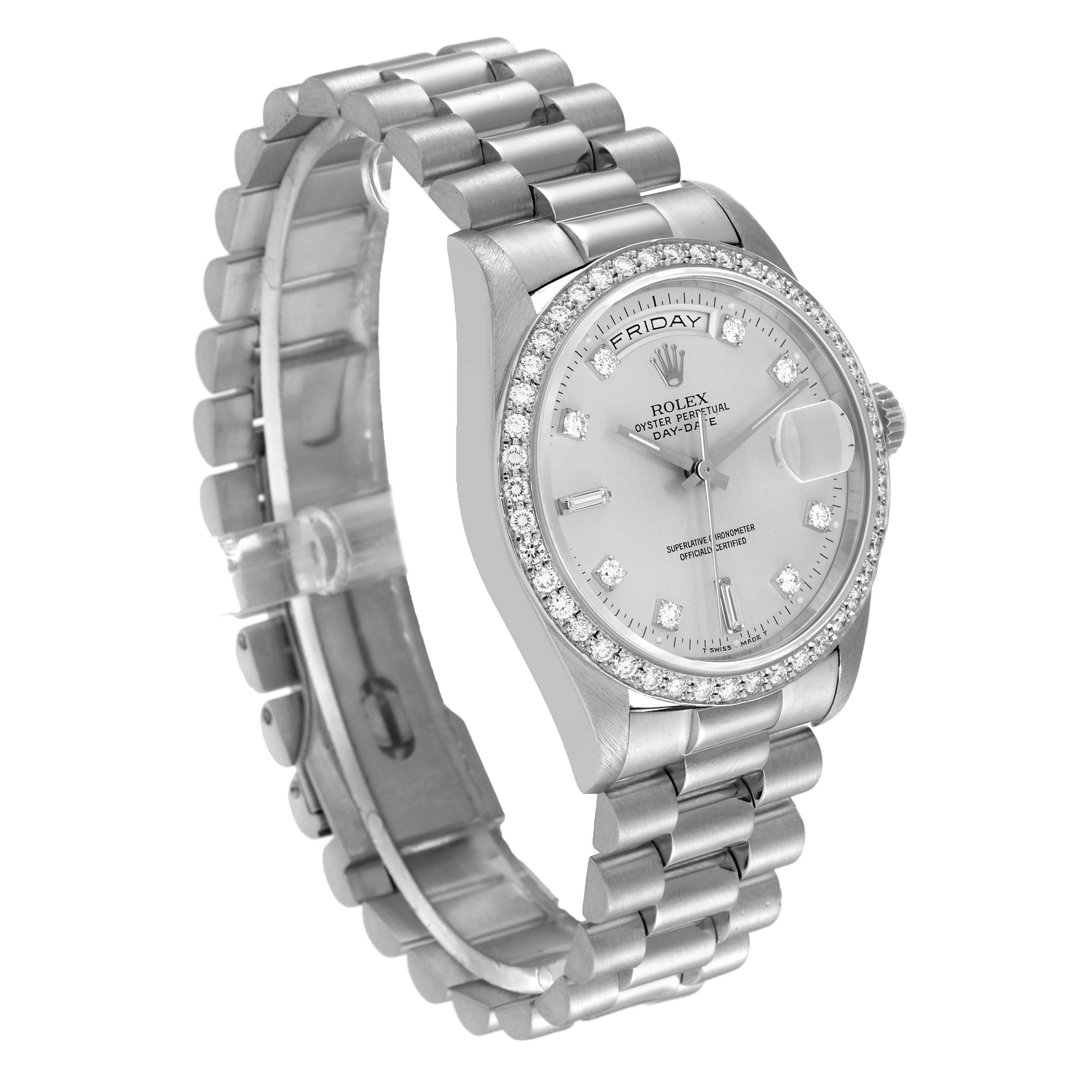 The image shows a President model Rolex watch from a three-quarter angle, highlighting its face, bracelet, and side crown.