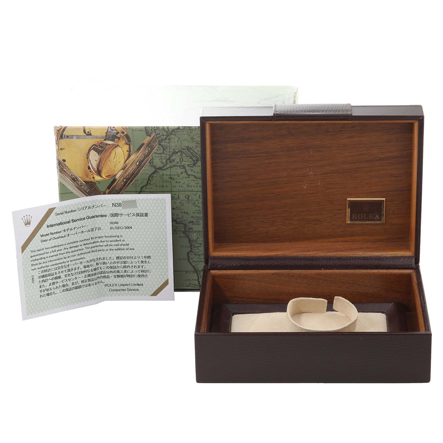 The image shows a Rolex President 18346 Men's Platinum Silver Dial 18346 Men's Platinum Silver Dial model box, cushion, international service guarantee card, and packaging.