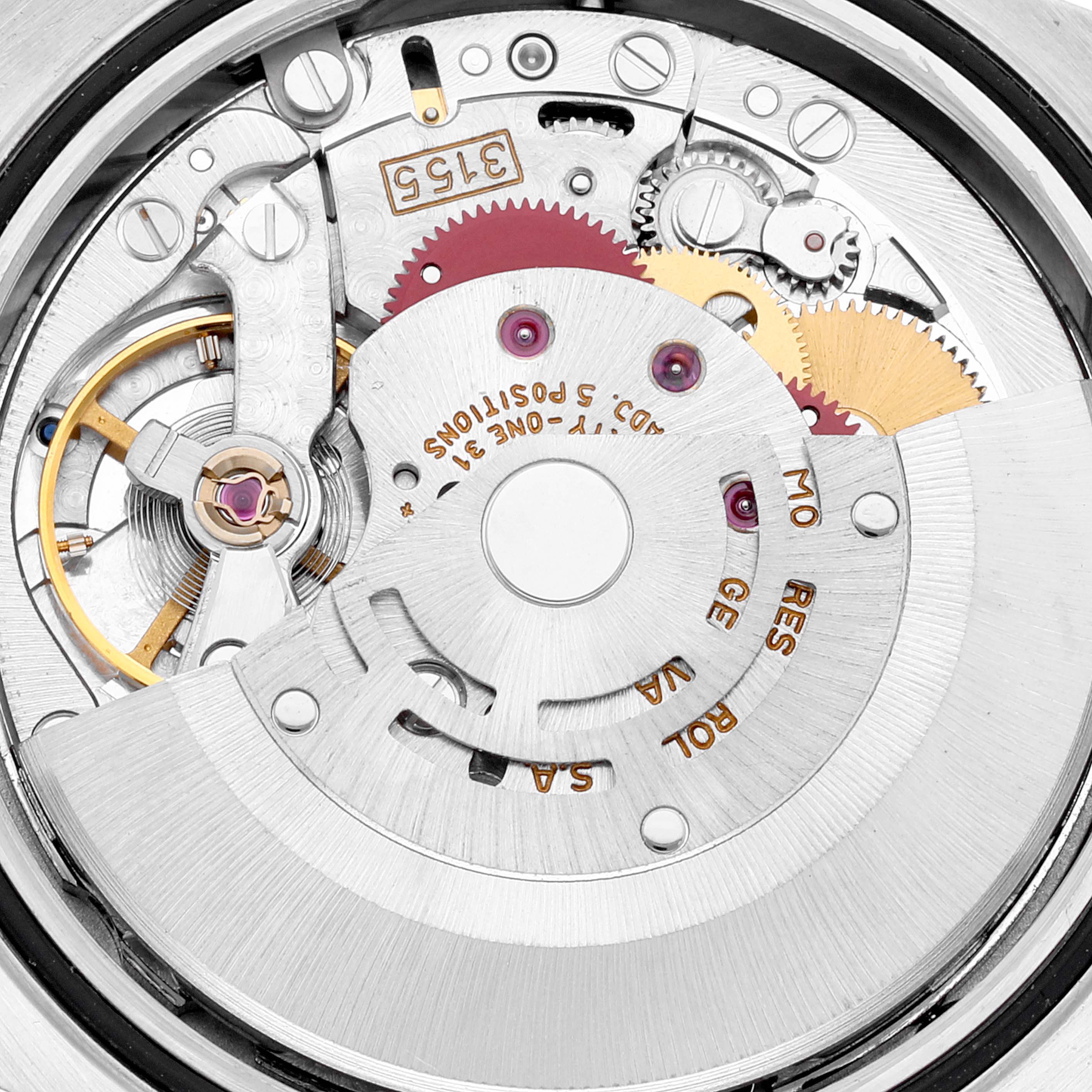 This image shows a close-up view of the internal mechanical movement of a Rolex President 18346 Men's Platinum Silver Dial 18346 Men's Platinum Silver Dial model watch.