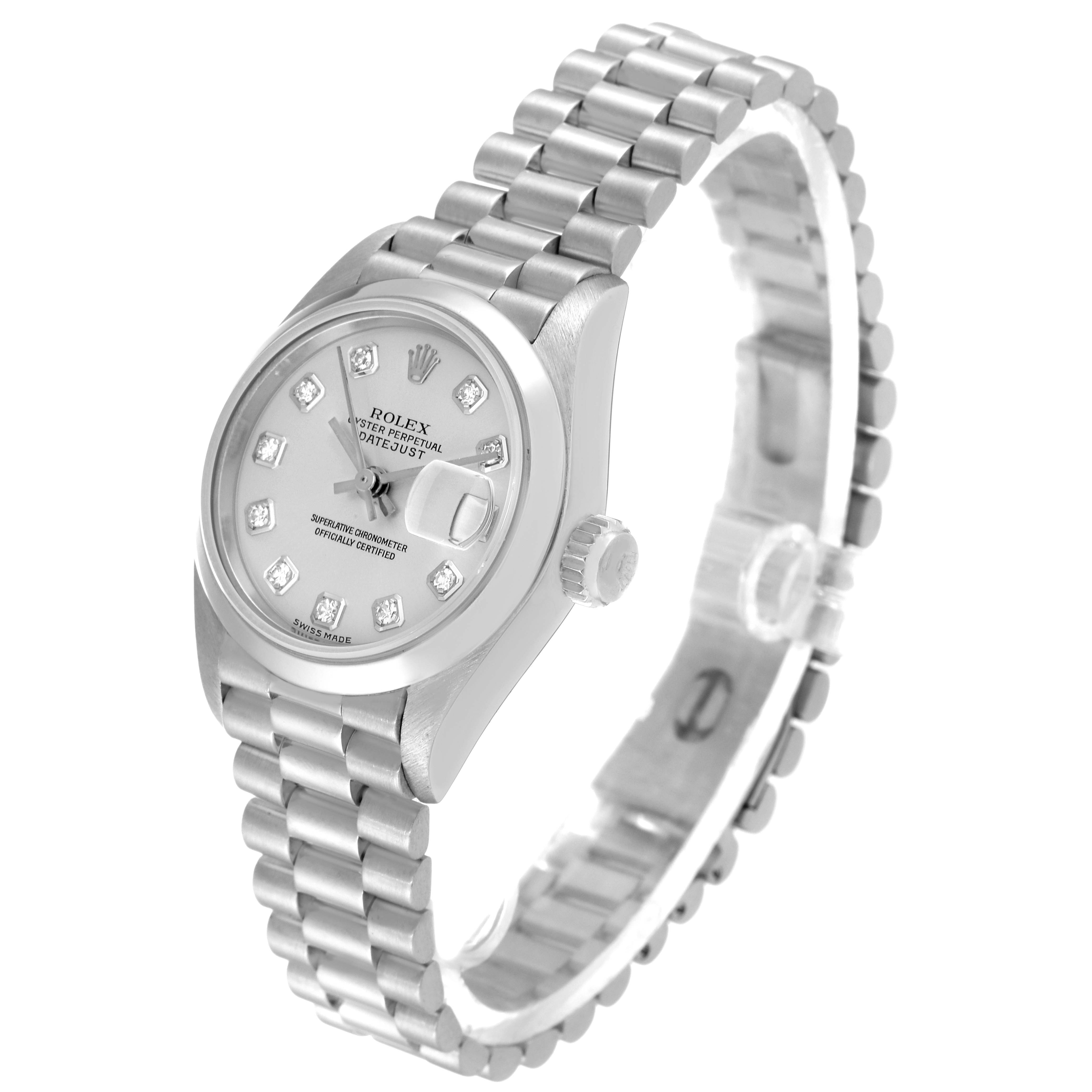 The image shows a Rolex President 79166 Women's Platinum Silver Dial 79166 Women's Platinum Silver Dial model watch from a front-angle, displaying the dial, crown, and bracelet clearly.