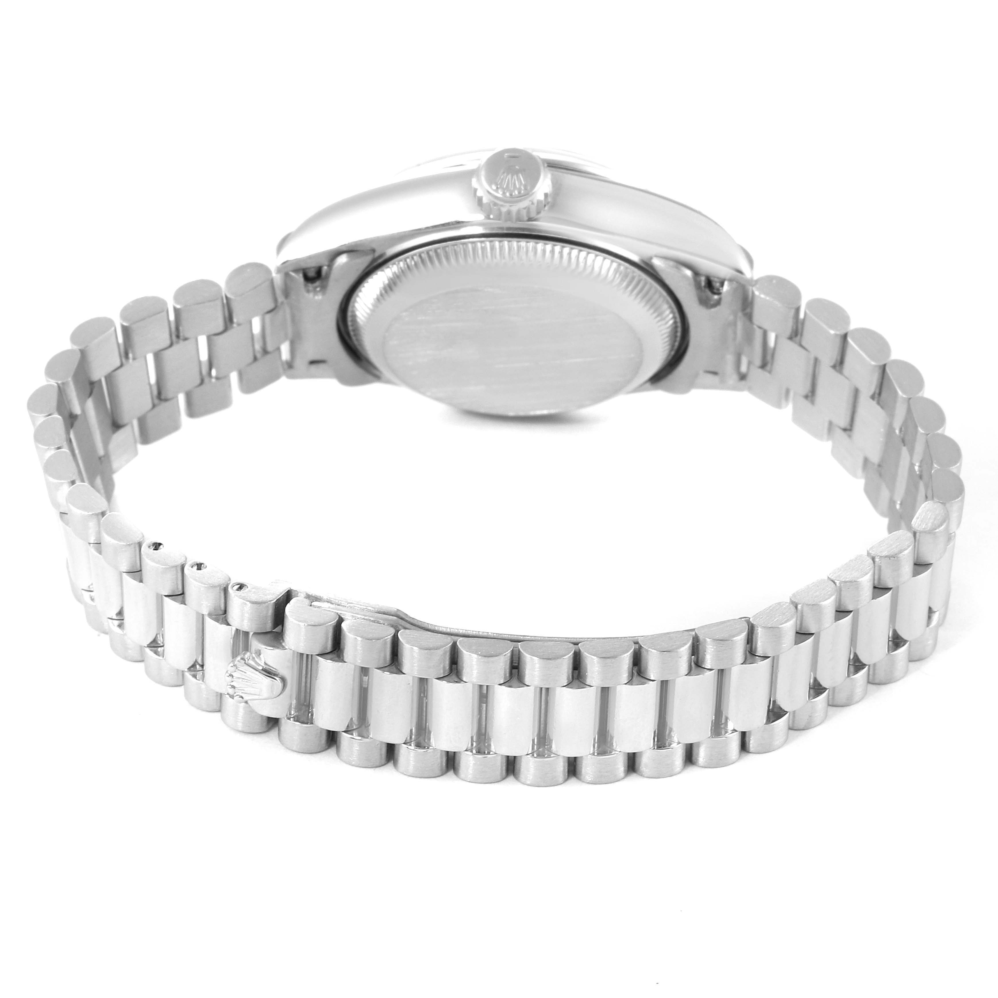 This image shows the back of a Rolex President 79166 Women's Platinum Silver Dial 79166 Women's Platinum Silver Dial model watch, highlighting its bracelet and clasp.
