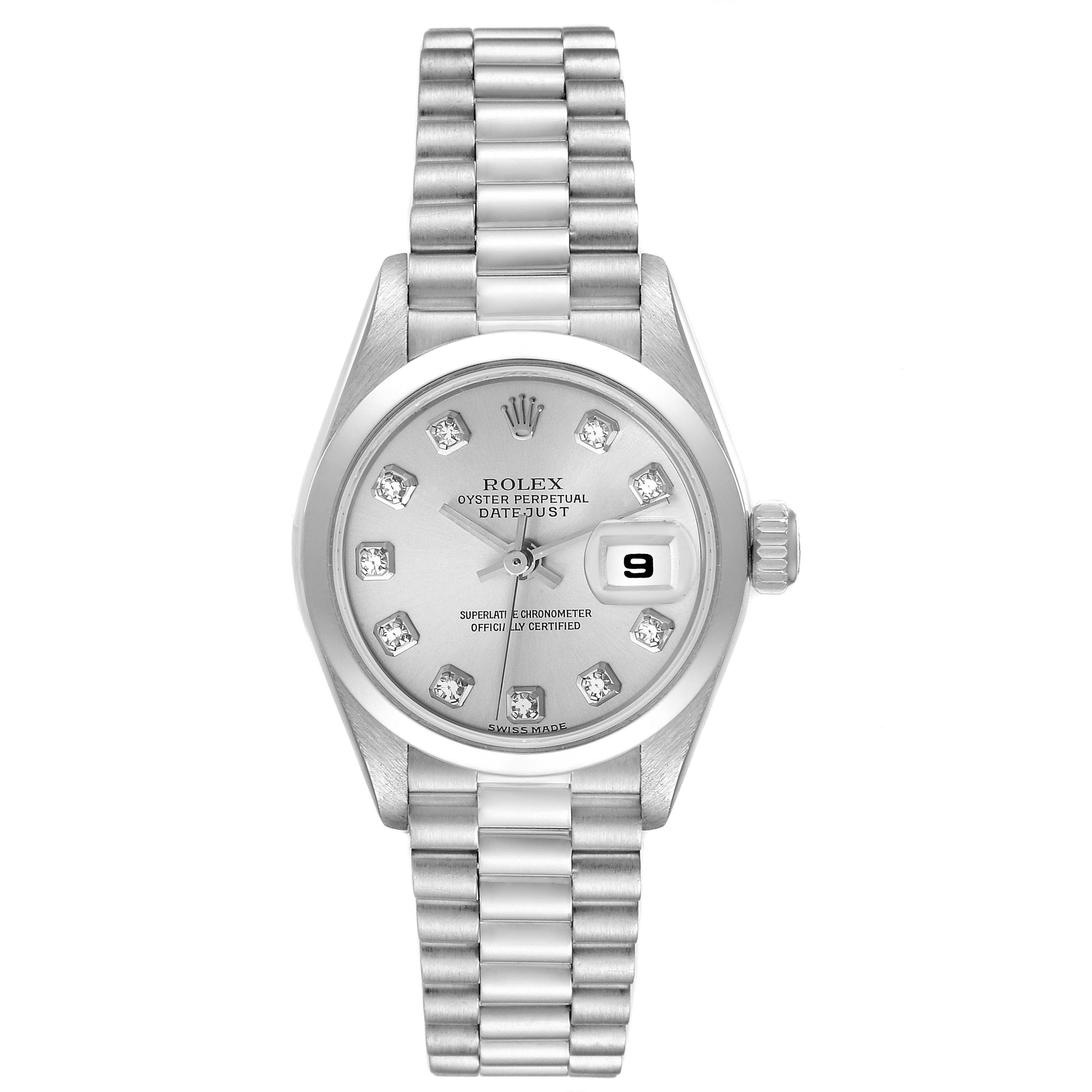 The Rolex President 79166 Women's Platinum Silver Dial 79166 Women's Platinum Silver Dial model watch is shown from a top-down angle, highlighting its face, bracelet, and date window.
