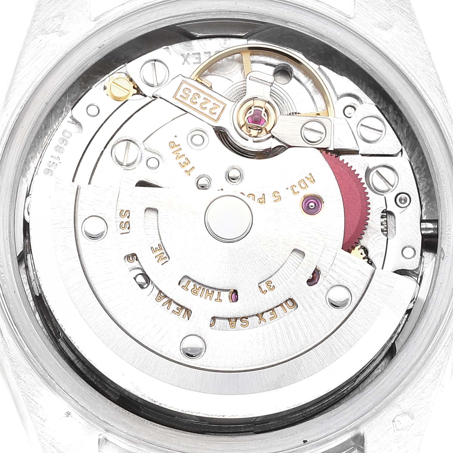 This image shows a close-up view of the movement inside a Rolex President 79166 Women's Platinum Silver Dial 79166 Women's Platinum Silver Dial model watch, displaying its intricate mechanical components.