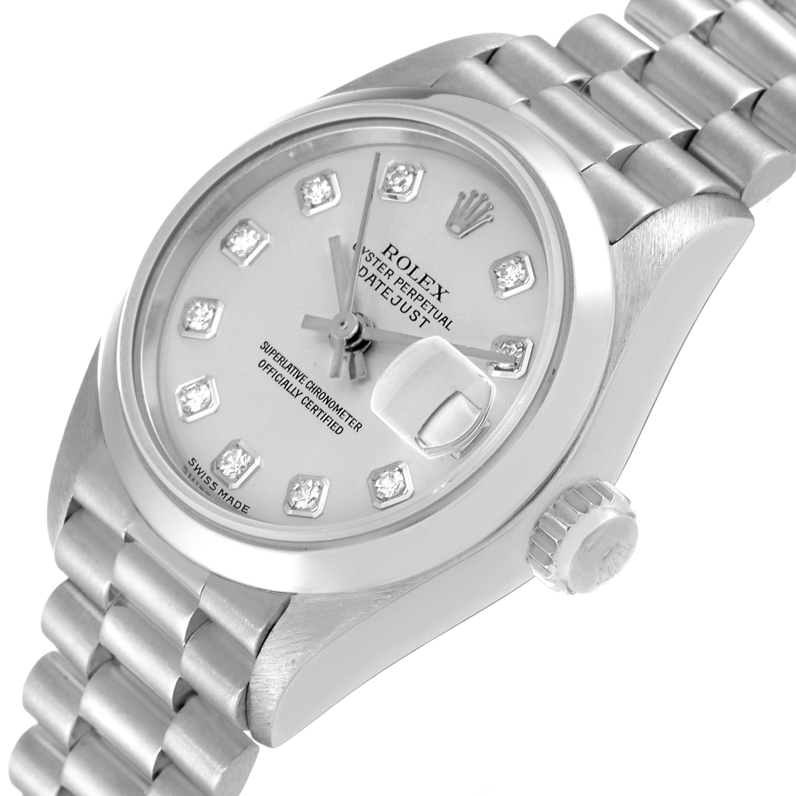 The image shows a close-up angle of a Rolex President 79166 Women's Platinum Silver Dial 79166 Women's Platinum Silver Dial model watch, highlighting its dial, bezel, crown, and part of the bracelet.