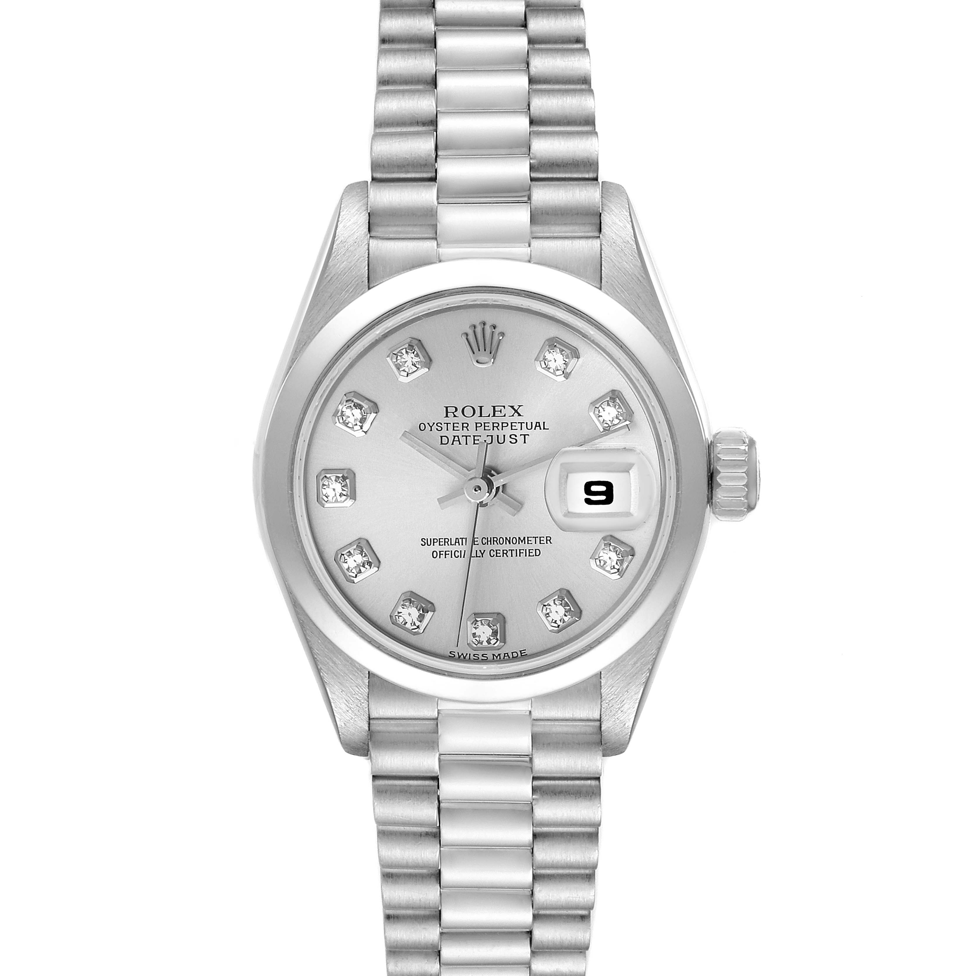 The image shows a front view of a Rolex President 79166 Women's Platinum Silver Dial 79166 Women's Platinum Silver Dial model watch with a silver dial, date window, and diamond hour markers.