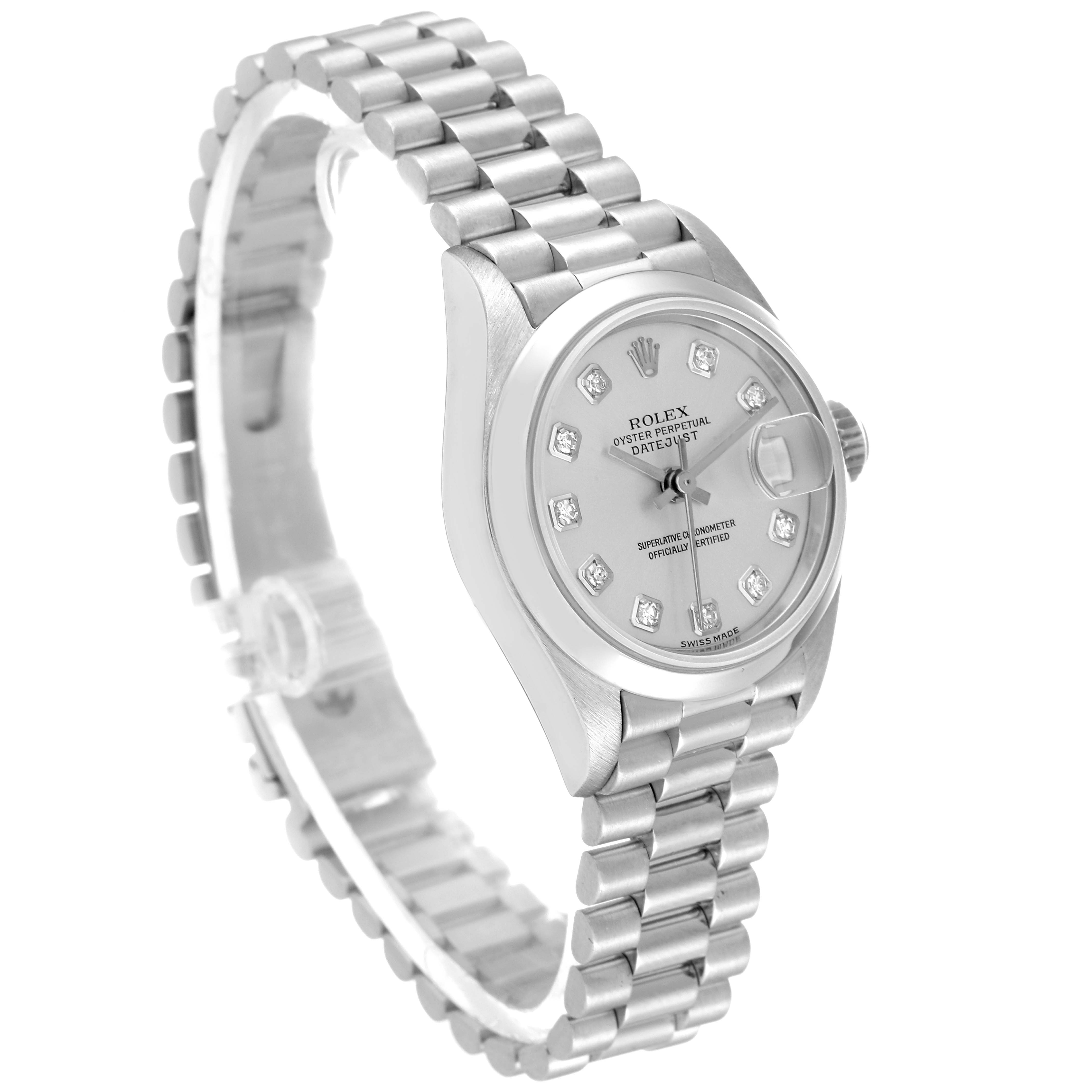 The image shows a Rolex President 79166 Women's Platinum Silver Dial 79166 Women's Platinum Silver Dial model watch at an angle displaying the face, bezel, crown, and part of the band.