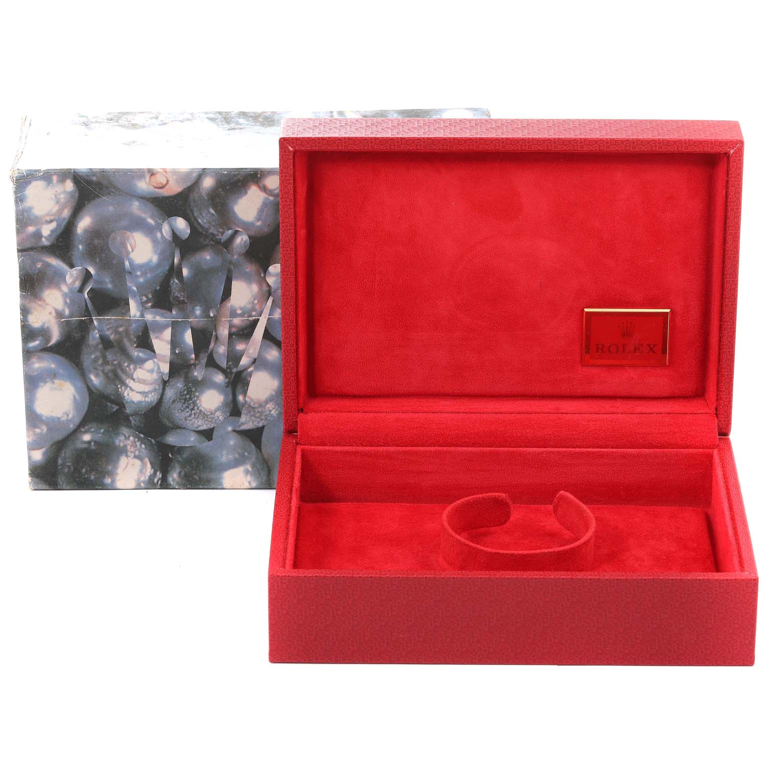 The image shows an open Rolex President 79166 Women's Platinum Silver Dial 79166 Women's Platinum Silver Dial watch box with red interior and an outer decorative box.