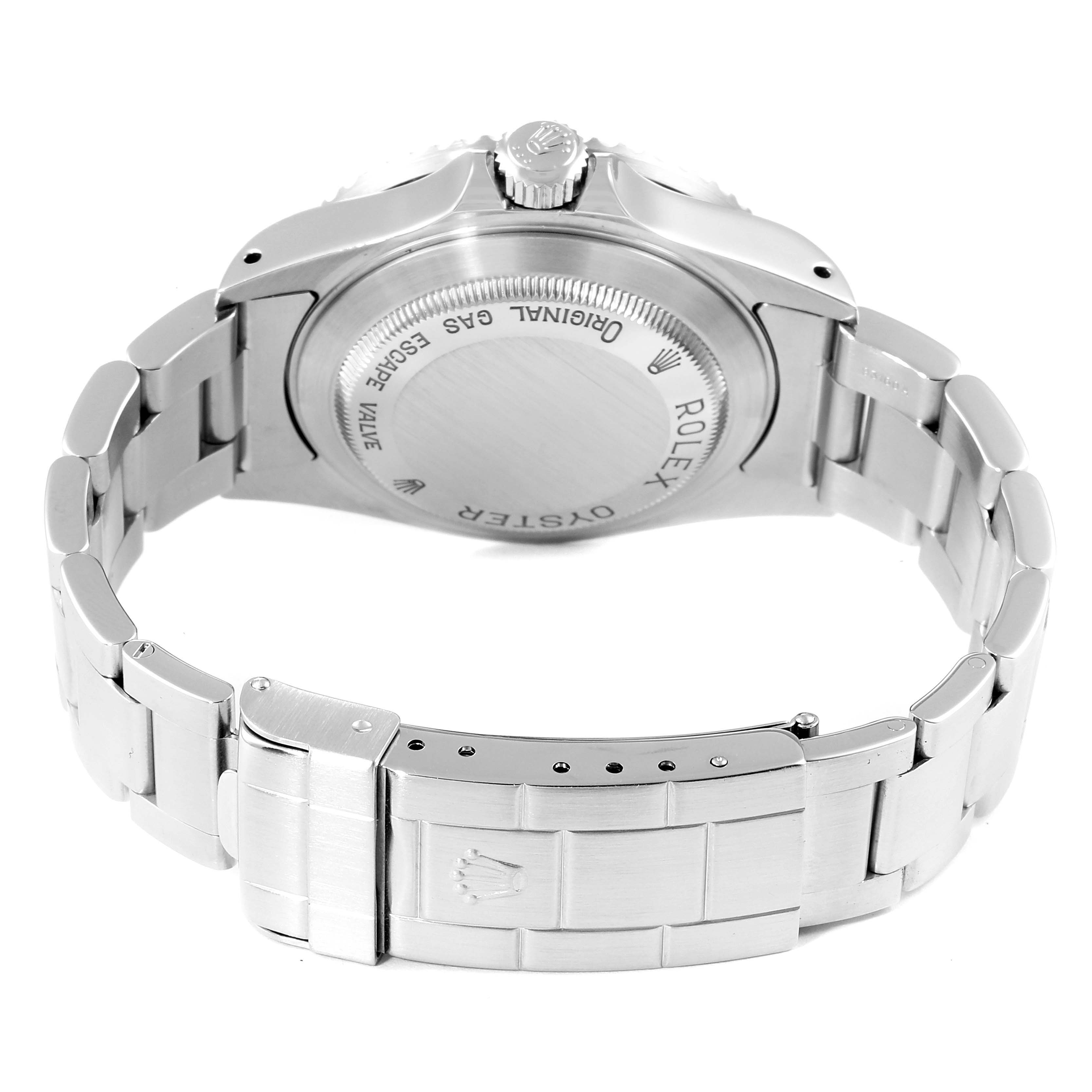 The image shows the back view of a Rolex Sea-Dweller 16600 Men
s Stainless Steel Black Dial 16600 Men
s Stainless Steel Black Dial watch, highlighting the case back, the crown, and the bracelet.