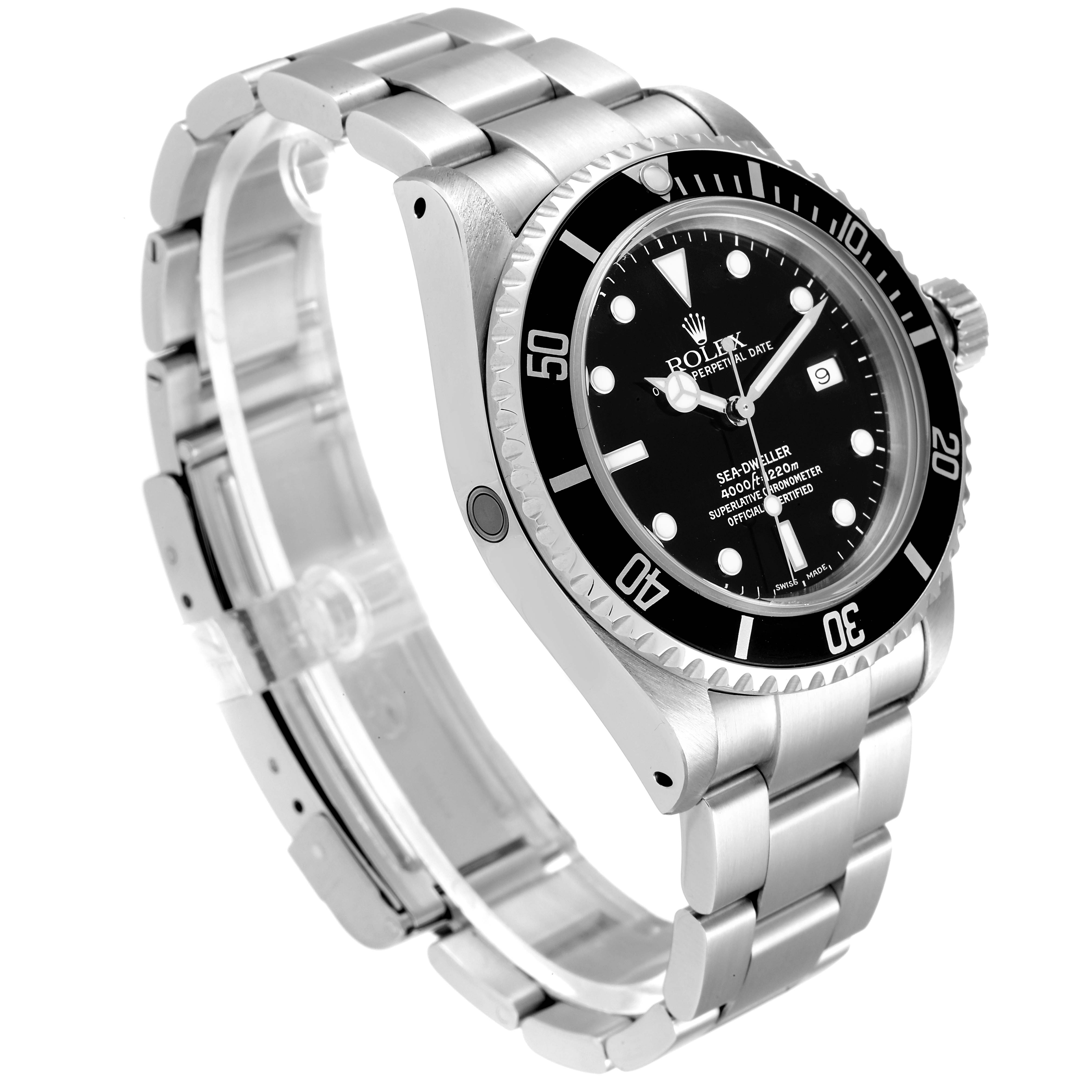 The image shows a side and front angle of the Rolex Sea-Dweller 16600 Men
s Stainless Steel Black Dial 16600 Men
s Stainless Steel Black Dial watch, highlighting the case, bezel, dial, and bracelet.