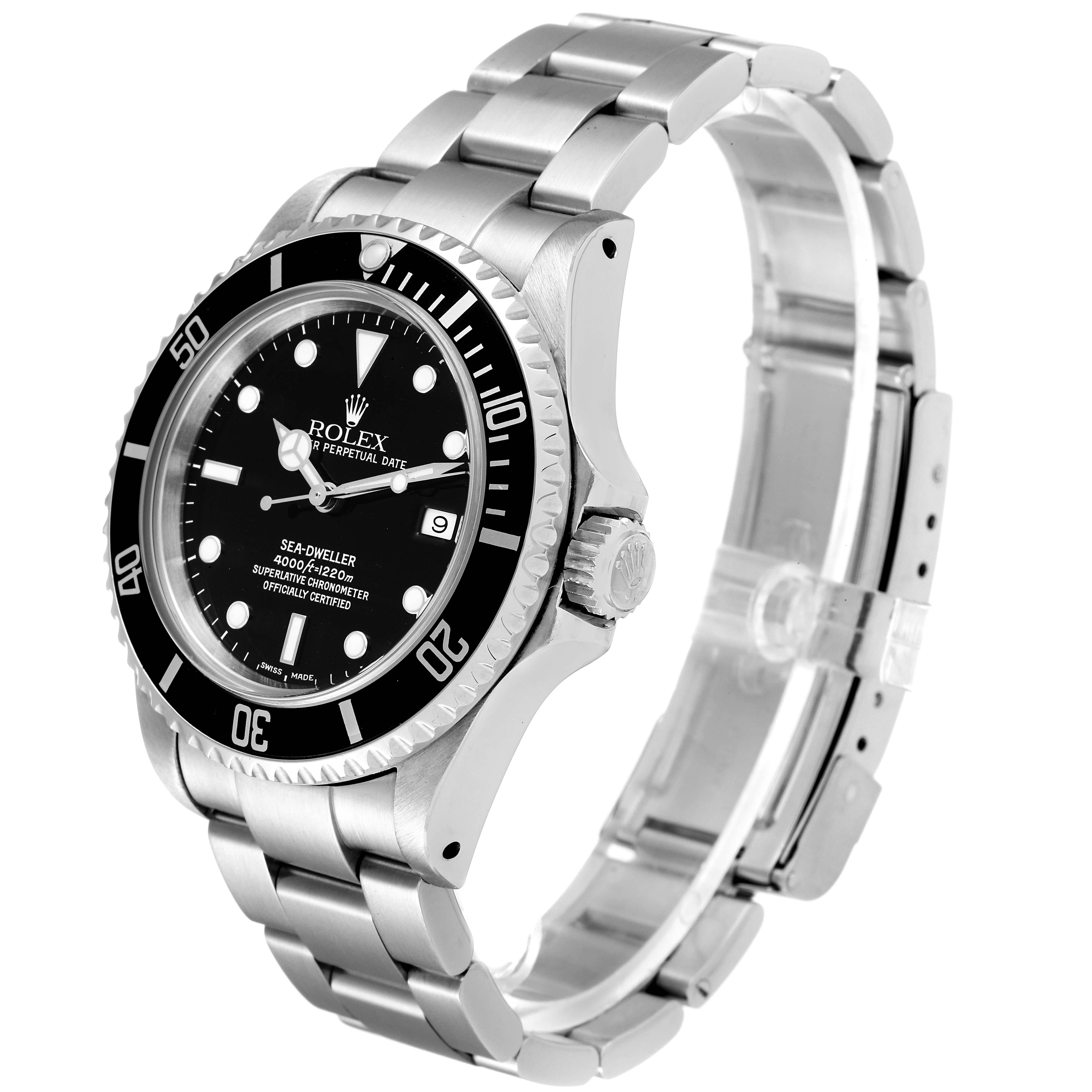 The Rolex Sea-Dweller 16600 Men
s Stainless Steel Black Dial 16600 Men
s Stainless Steel Black Dial watch is shown at a three-quarter angle, highlighting the face, bezel, crown, and bracelet.