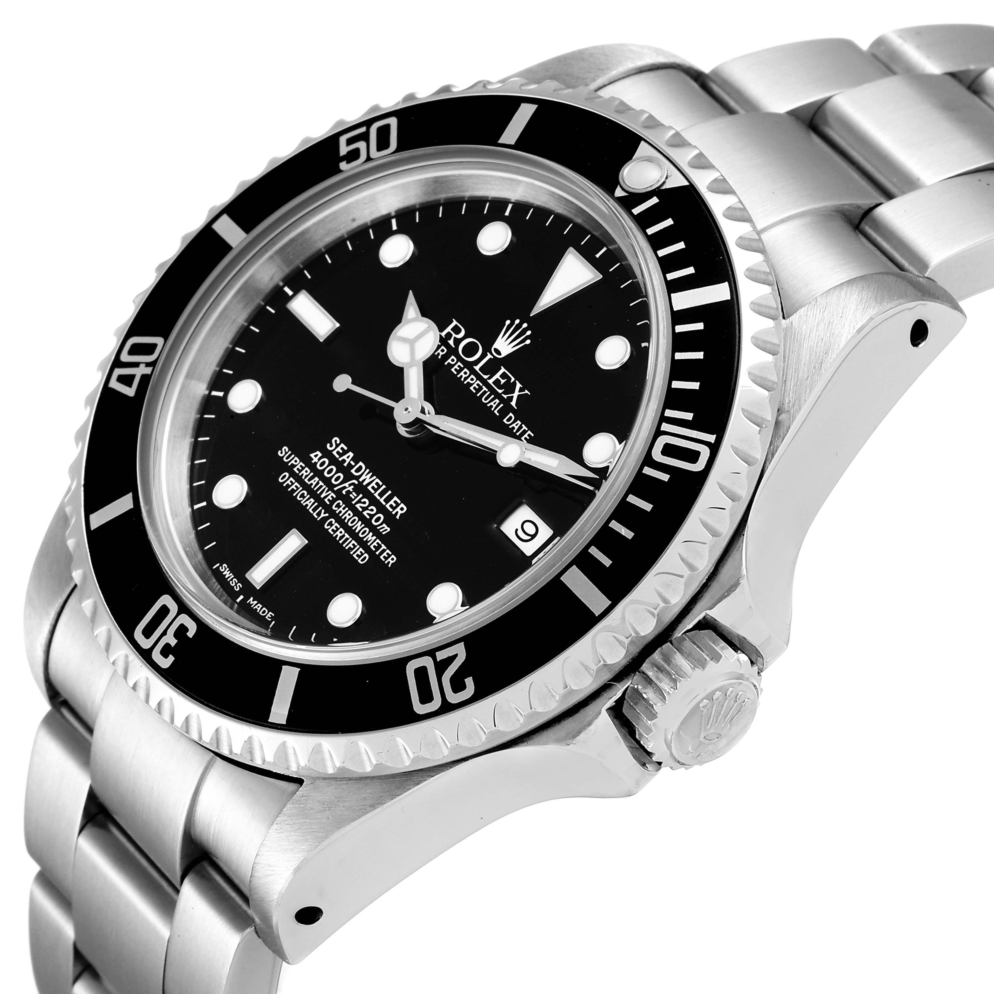 This image shows a side angle of the Rolex Sea-Dweller 16600 Men
s Stainless Steel Black Dial 16600 Men
s Stainless Steel Black Dial watch, highlighting the black dial, bezel, and stainless steel bracelet.