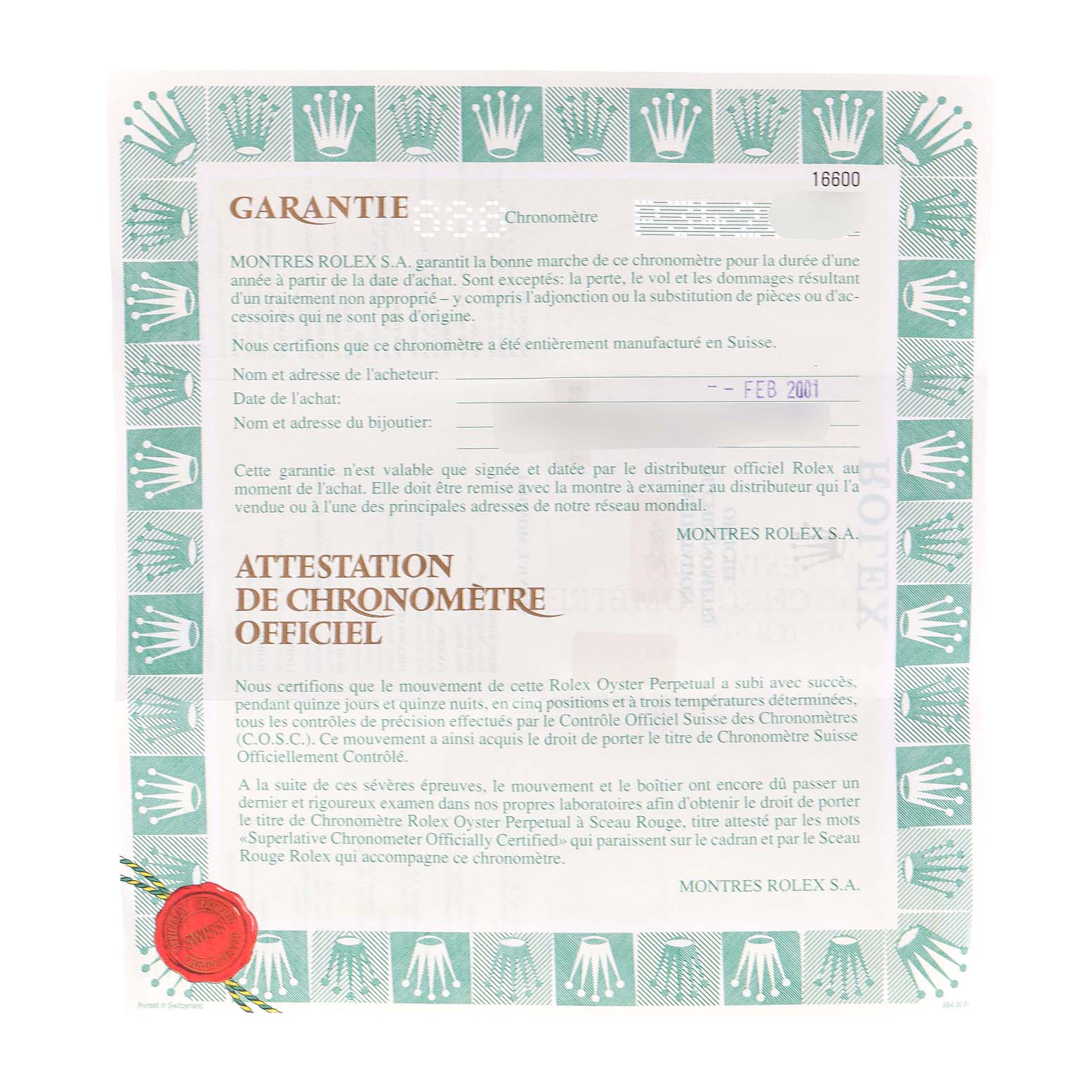 The image shows the warranty certificate for the Rolex Sea-Dweller 16600 Men
s Stainless Steel Black Dial 16600 Men
s Stainless Steel Black Dial model.