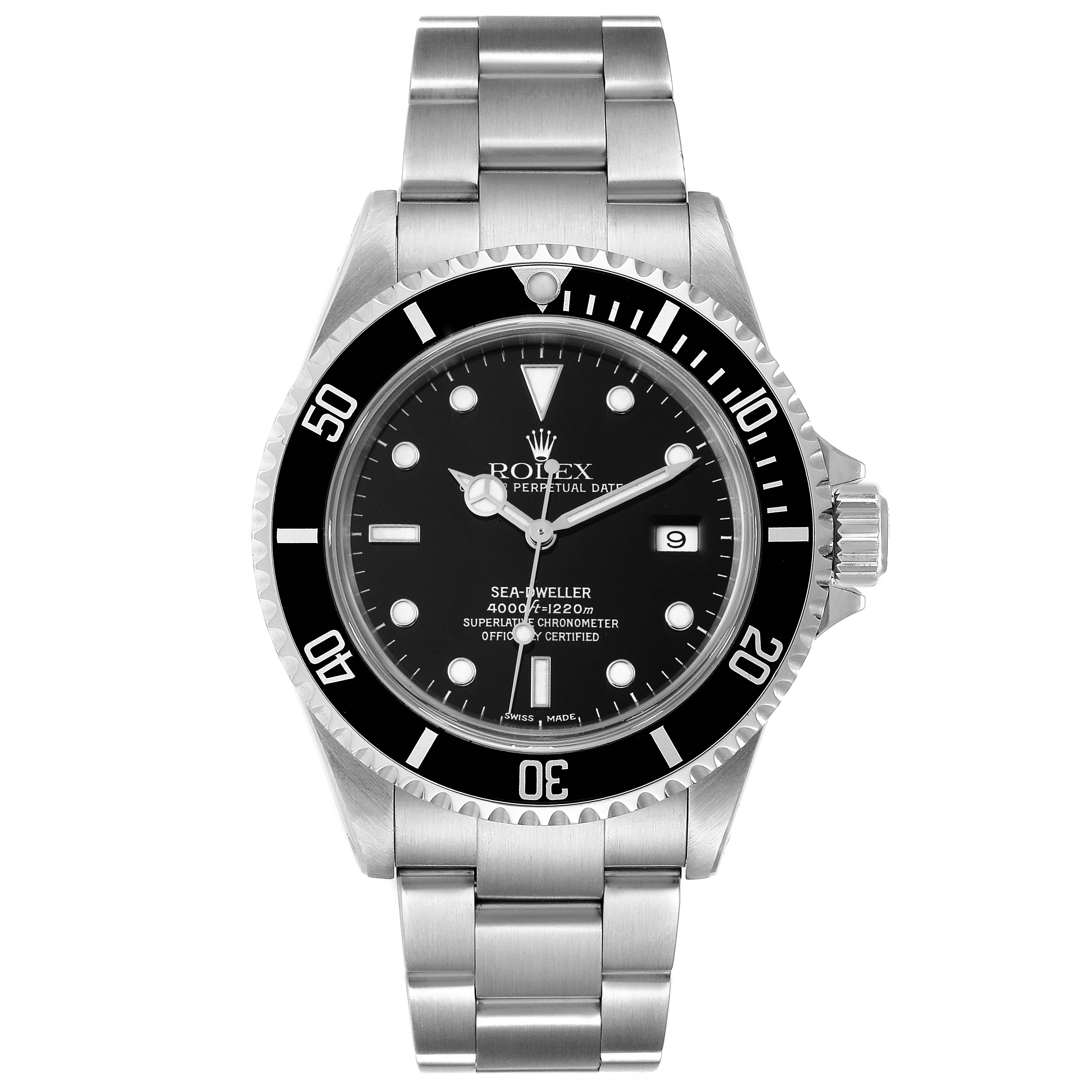 This image shows a front view of a Rolex Sea-Dweller 16600 Men
s Stainless Steel Black Dial 16600 Men
s Stainless Steel Black Dial watch featuring the dial, bezel, and bracelet.
