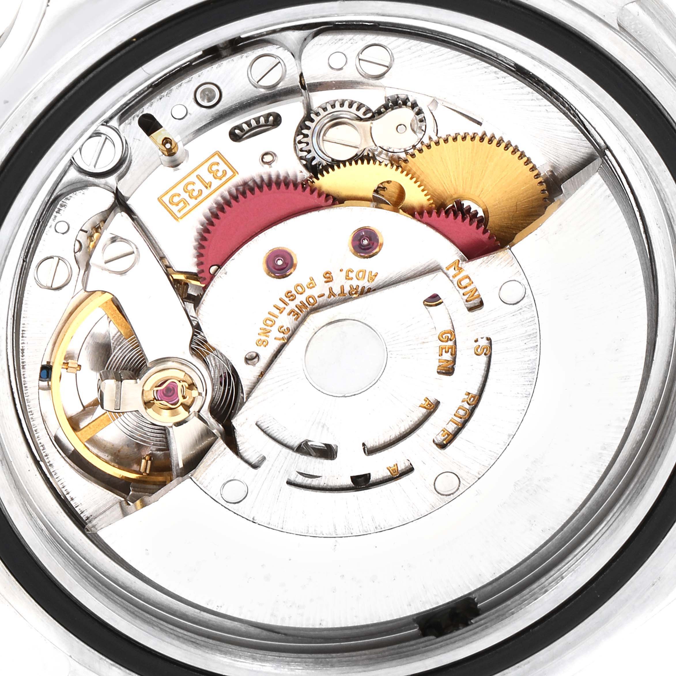 This image shows the internal mechanism and movement components of a Rolex Sea-Dweller 16600 Men
s Stainless Steel Black Dial 16600 Men
s Stainless Steel Black Dial watch from a close-up angle.