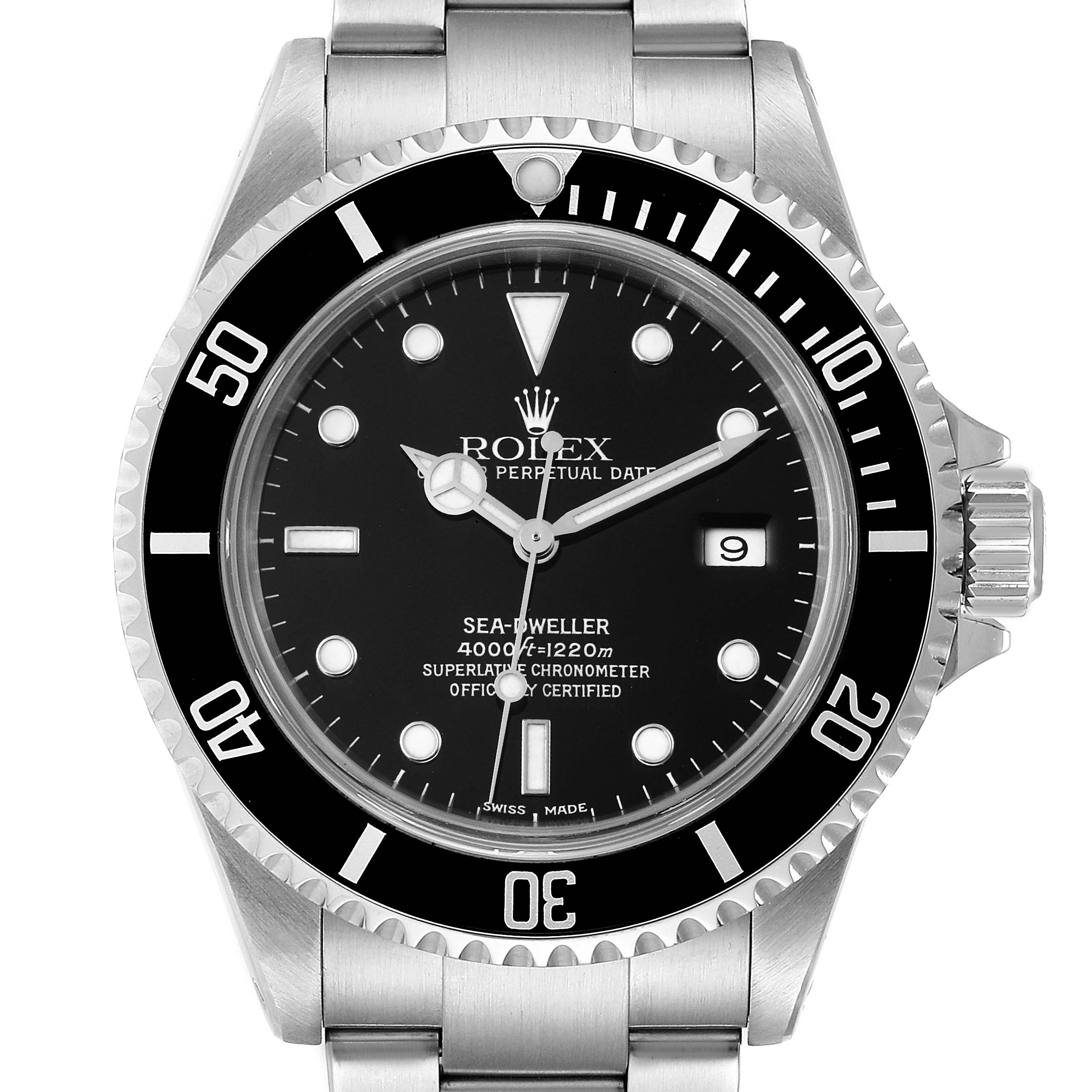 The image shows a front view of the Rolex Sea-Dweller 16600 Men
s Stainless Steel Black Dial 16600 Men
s Stainless Steel Black Dial watch, displaying the dial, bezel, and part of the bracelet.