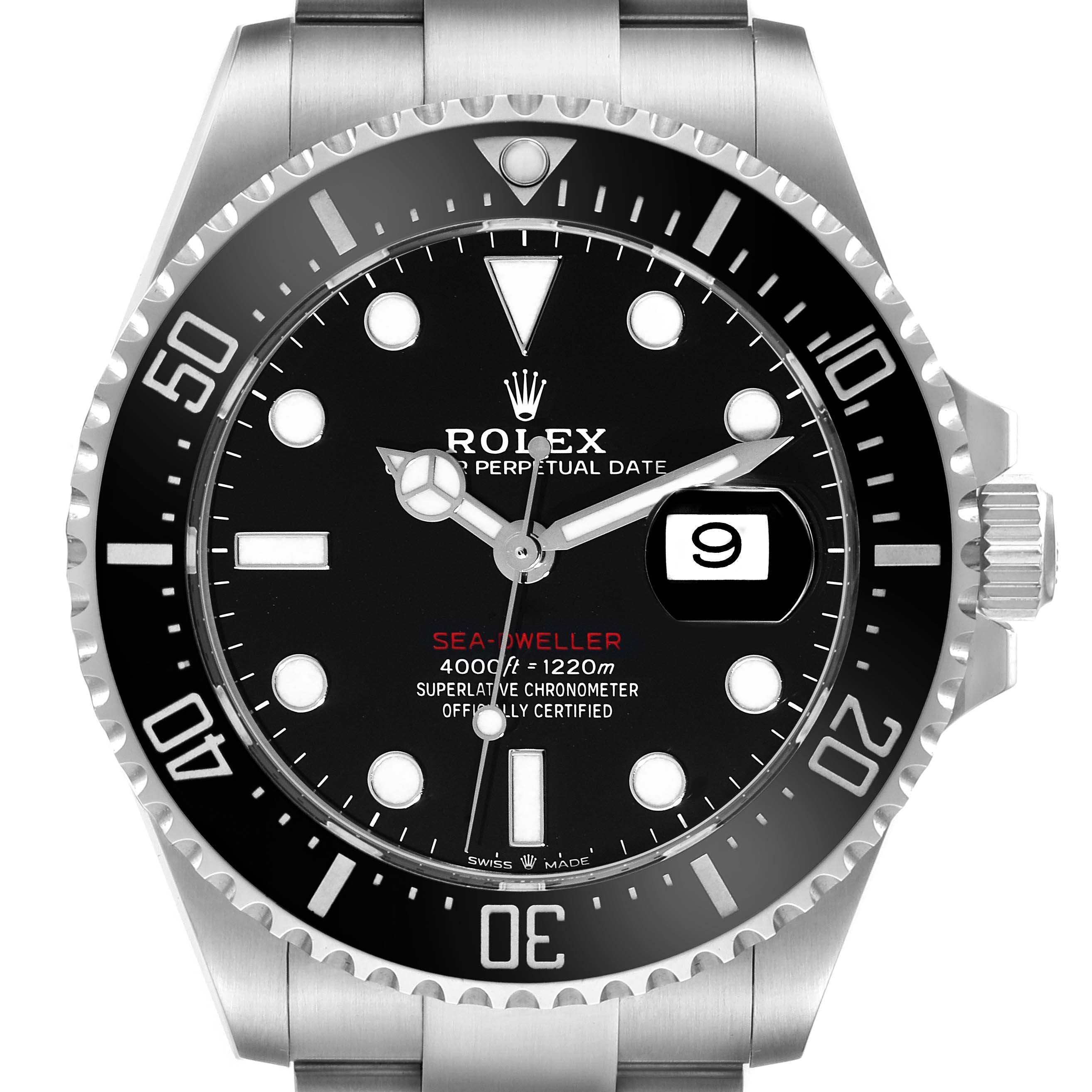The image shows a front view of the Rolex Sea-Dweller 126600 Men
s Stainless Steel Black Dial 126600 Men
s Stainless Steel Black Dial watch, displaying the dial, bezel, and part of the bracelet.