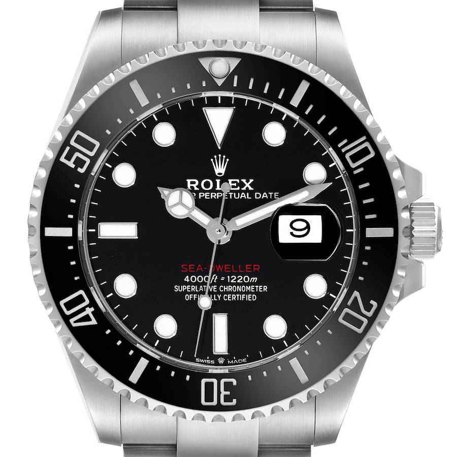 The image shows a front view of the Rolex Sea-Dweller watch, displaying the dial, bezel, and part of the bracelet.