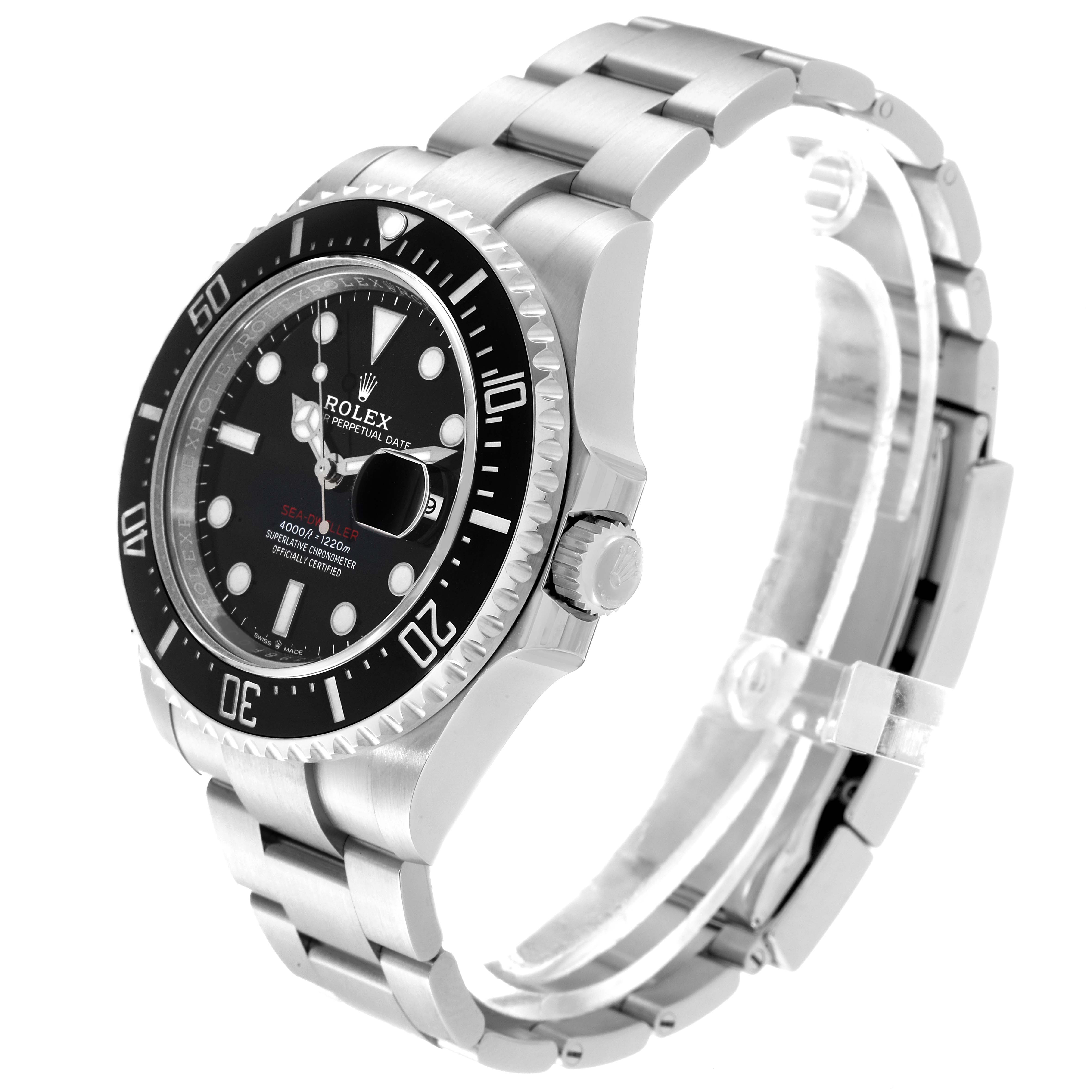 The image shows a Rolex Sea-Dweller 126600 Men
s Stainless Steel Black Dial 126600 Men
s Stainless Steel Black Dial watch at a side angle, highlighting the watch face, bezel, and stainless steel bracelet.