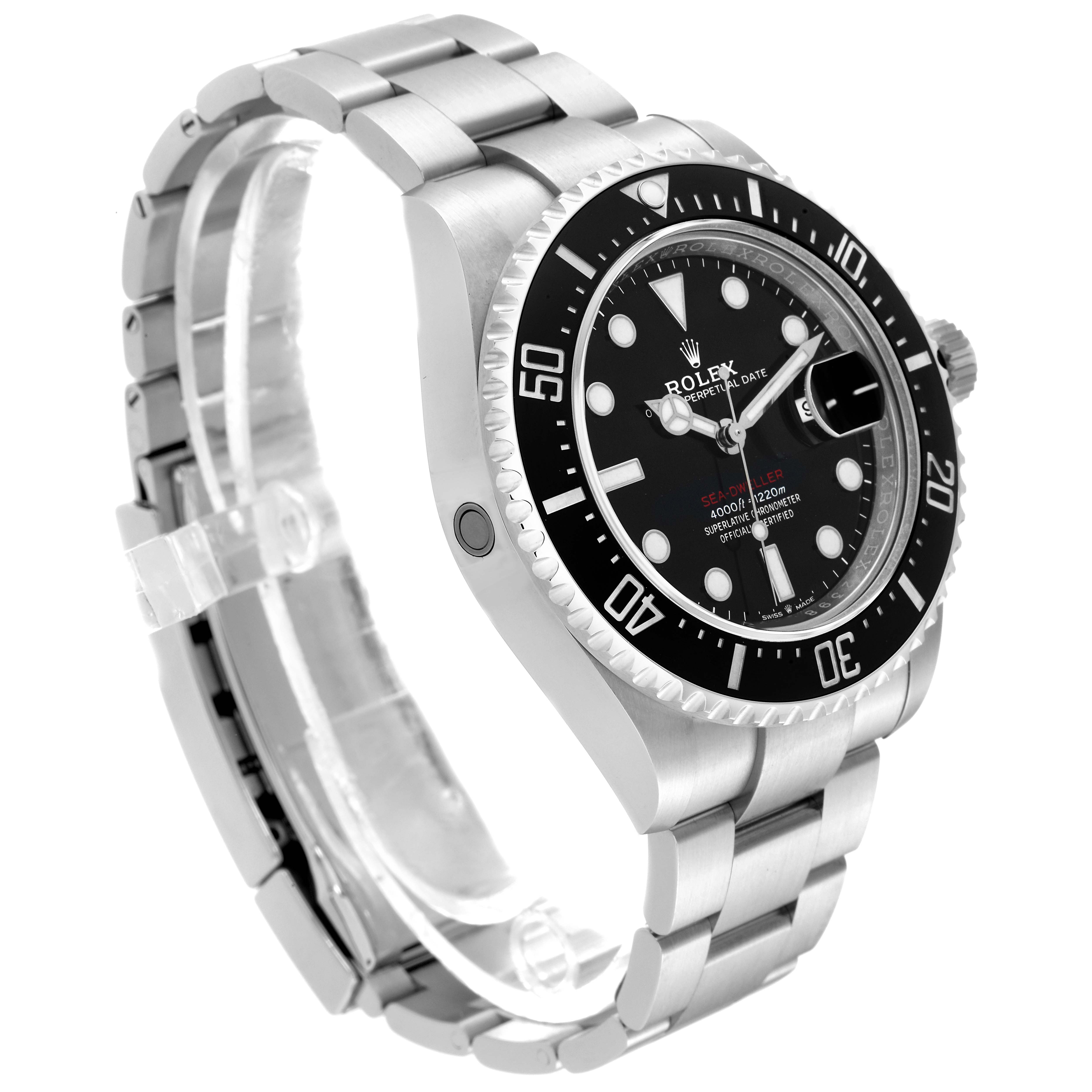 The image shows a side angle of the Rolex Sea-Dweller 126600 Men
s Stainless Steel Black Dial 126600 Men
s Stainless Steel Black Dial watch, highlighting its bezel, dial, and bracelet.