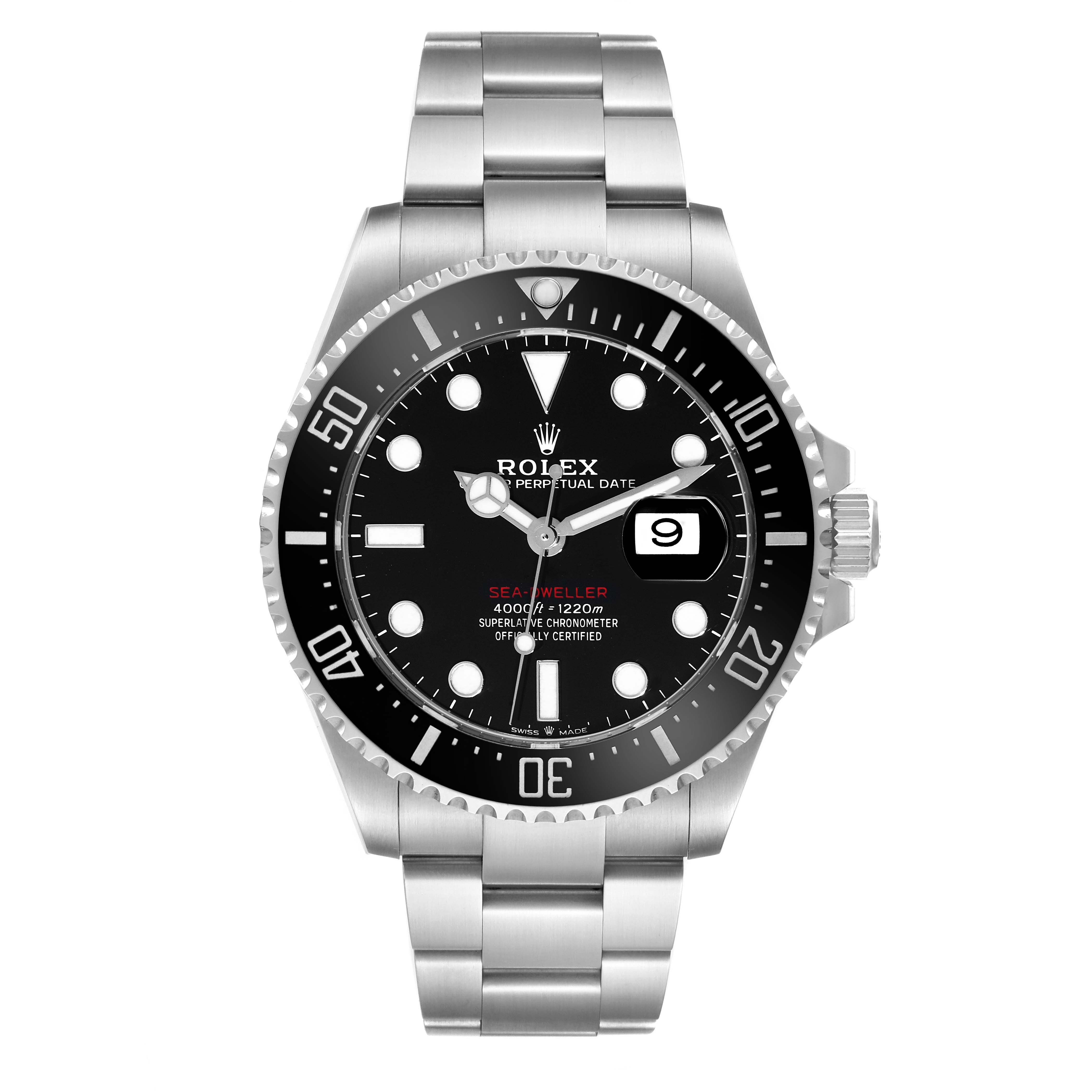 The image shows a front view of the Rolex Sea-Dweller 126600 Men
s Stainless Steel Black Dial 126600 Men
s Stainless Steel Black Dial watch, highlighting its black dial, bezel, and stainless steel bracelet.