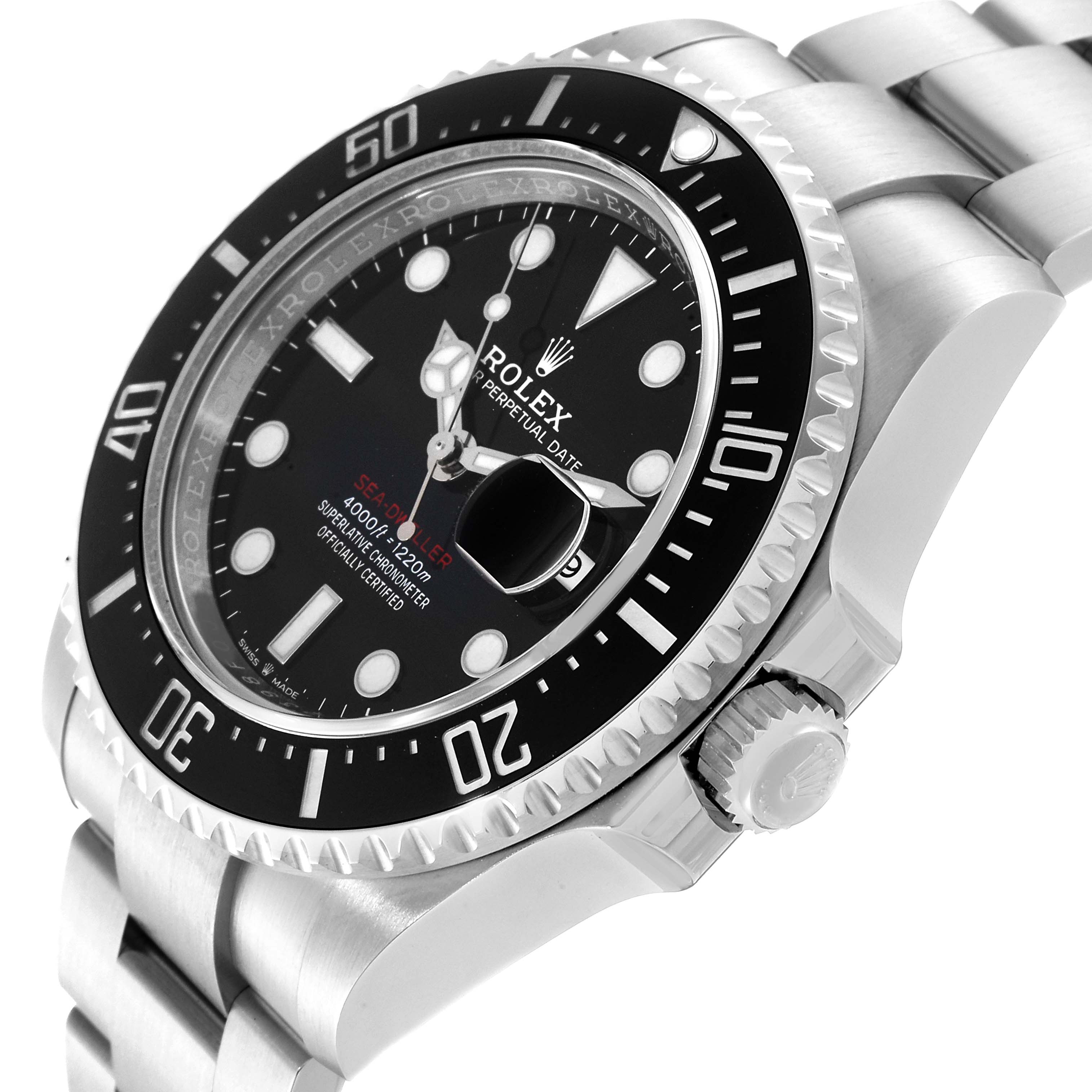 This is an angled close-up of the Rolex Sea-Dweller 126600 Men
s Stainless Steel Black Dial 126600 Men
s Stainless Steel Black Dial watch showing the dial, bezel, crown, and bracelet.