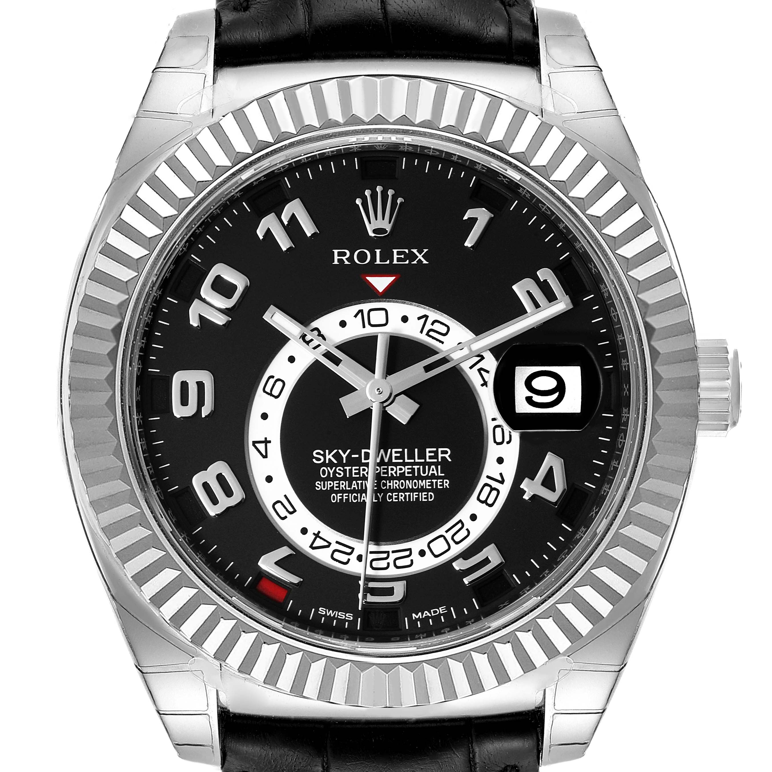 This image shows a front view of the Rolex Sky-Dweller 326139 Men's White Gold Black Dial 326139 Men's White Gold Black Dial watch, highlighting its dial, bezel, date window, and leather strap.