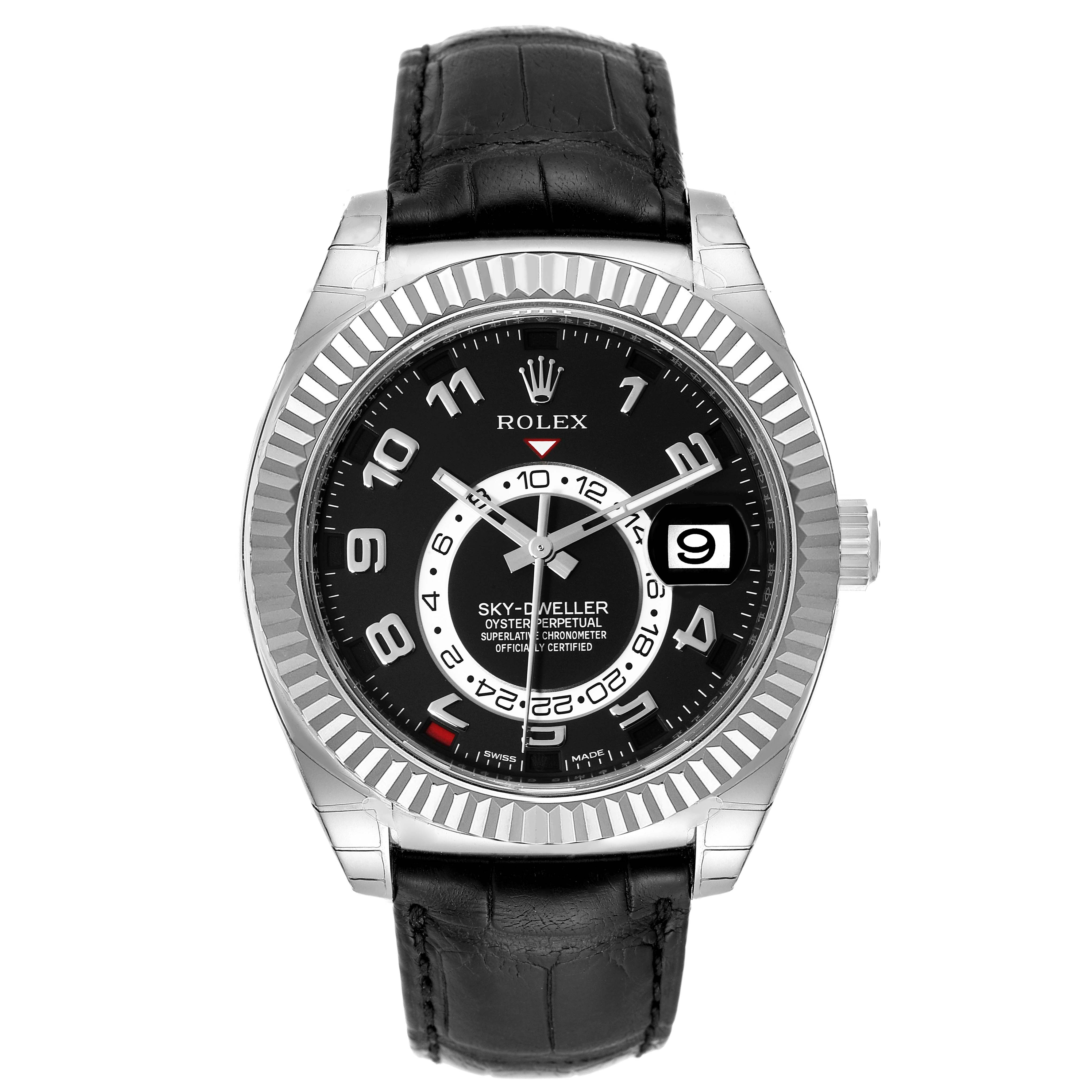 This Rolex Sky-Dweller 326139 Men's White Gold Black Dial 326139 Men's White Gold Black Dial watch is presented in a front-facing angle, showing the black dial, stainless steel case, black leather strap, and date window.