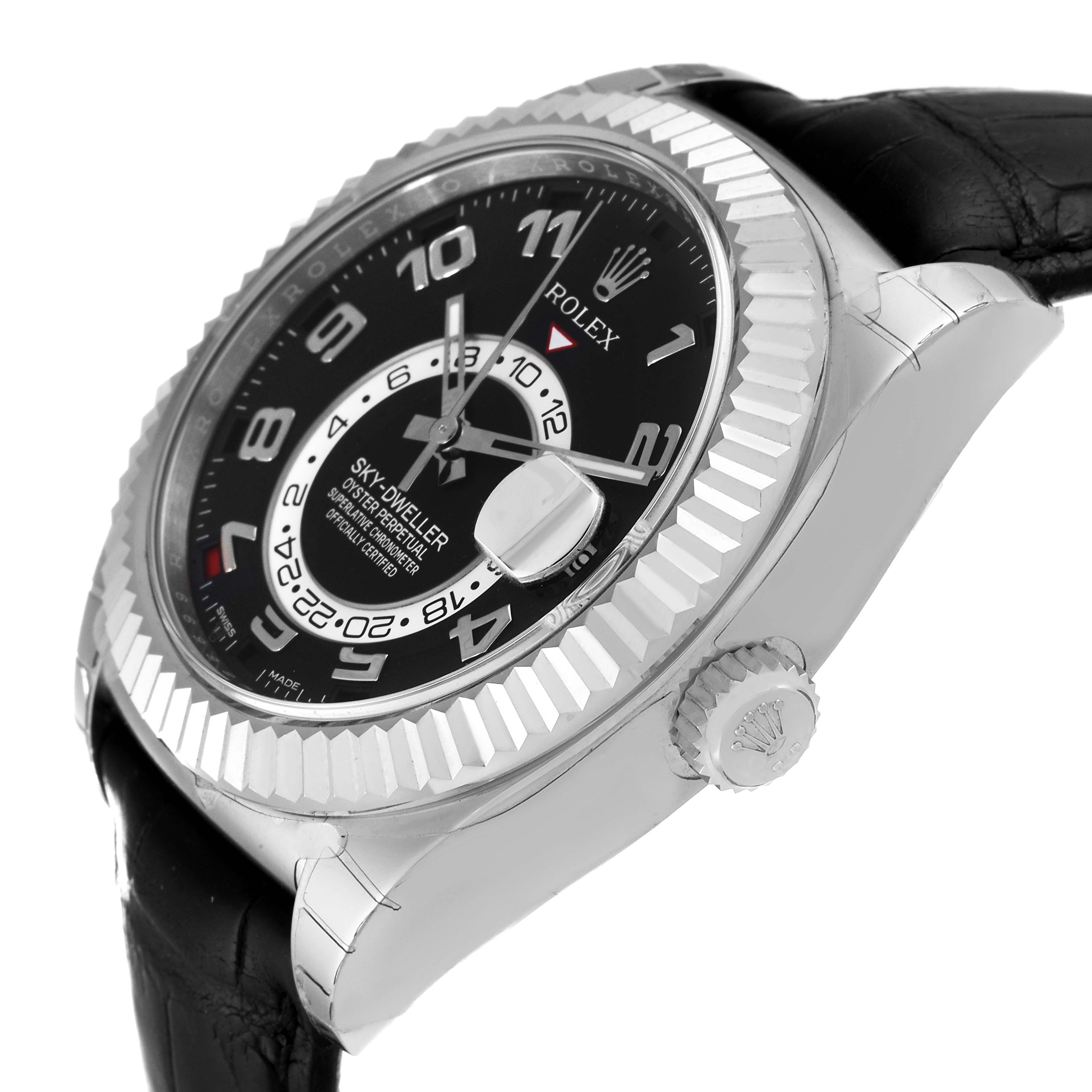 The image shows a Rolex Sky-Dweller 326139 Men's White Gold Black Dial 326139 Men's White Gold Black Dial watch at an angle highlighting the dial, bezel, crown, and leather strap.