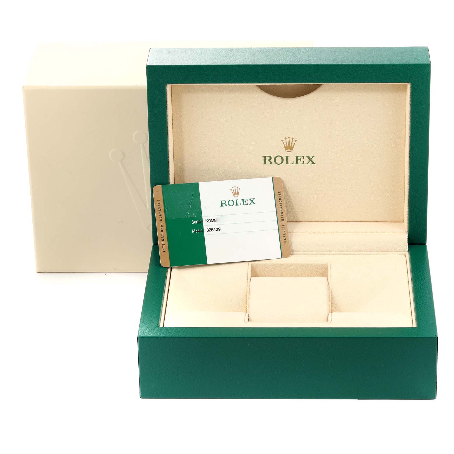 This image shows an open Rolex Sky-Dweller 326139 Men's White Gold Black Dial 326139 Men's White Gold Black Dial watch box with an authenticity card, viewed from the front.