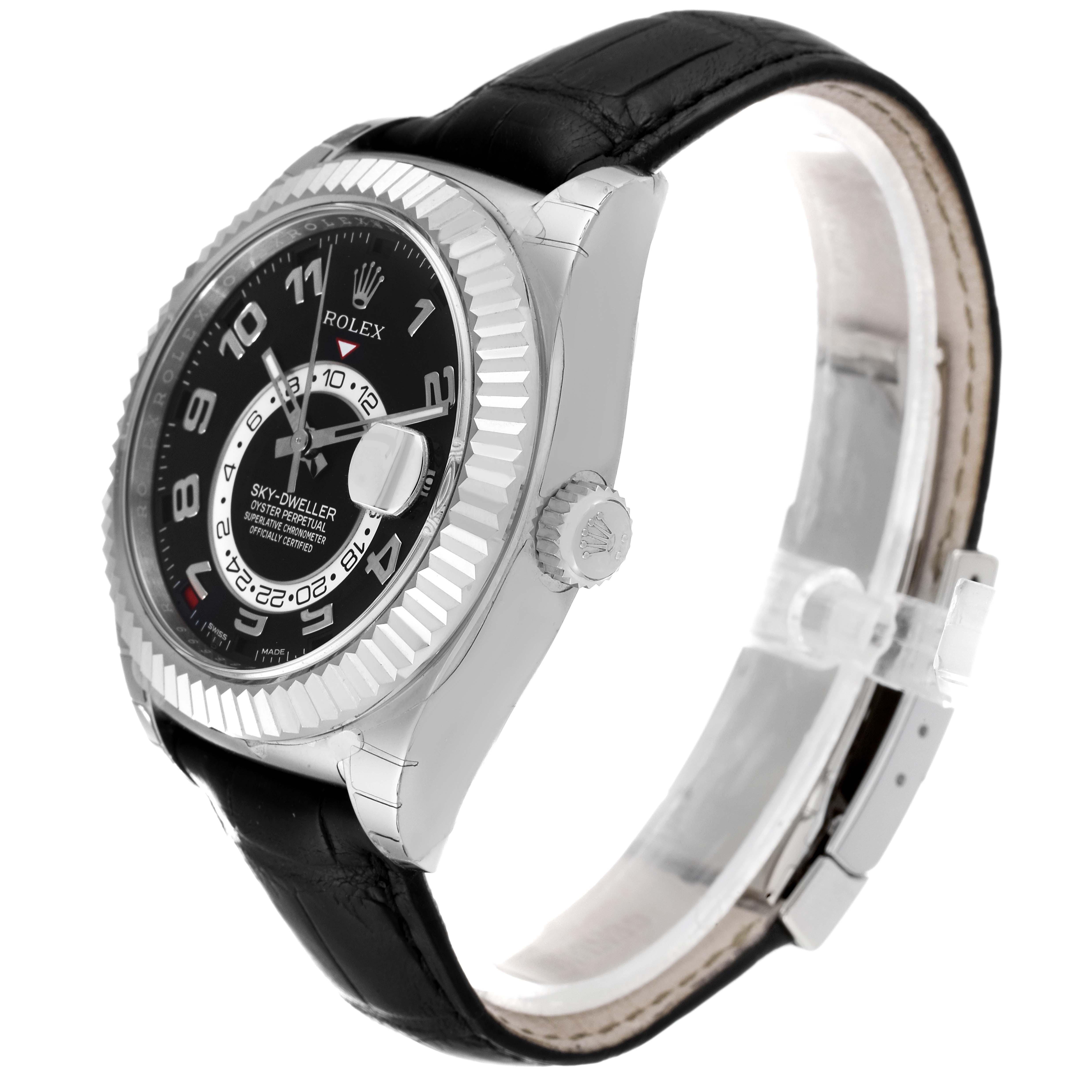 The image shows a Rolex Sky-Dweller 326139 Men's White Gold Black Dial 326139 Men's White Gold Black Dial watch at an oblique angle highlighting the face, bezel, crown, and leather strap.