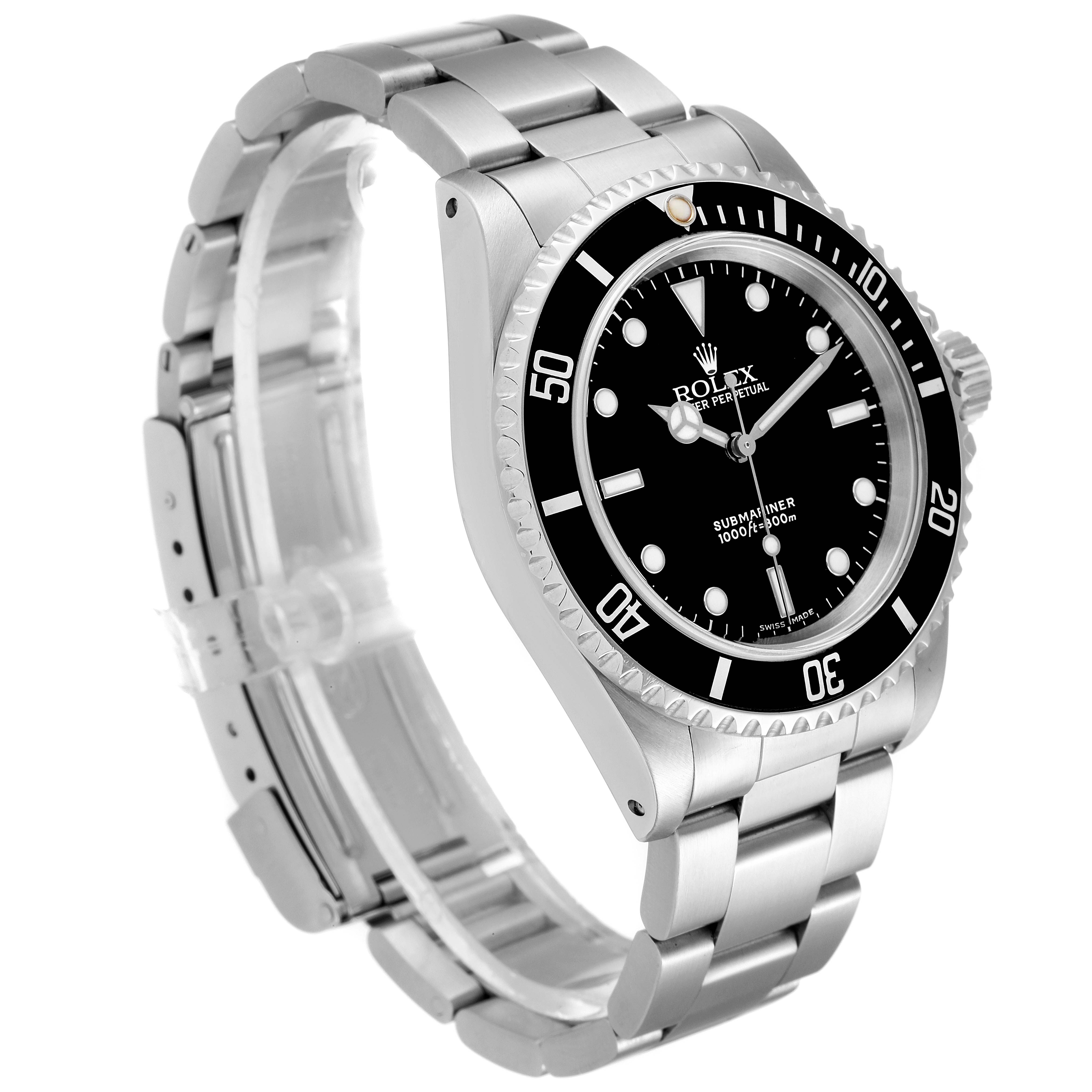 This image shows a side angle of the Rolex Submariner 14060M Men
s Stainless Steel Black Dial 14060M Men
s Stainless Steel Black Dial watch, highlighting the dial, bezel, and bracelet.