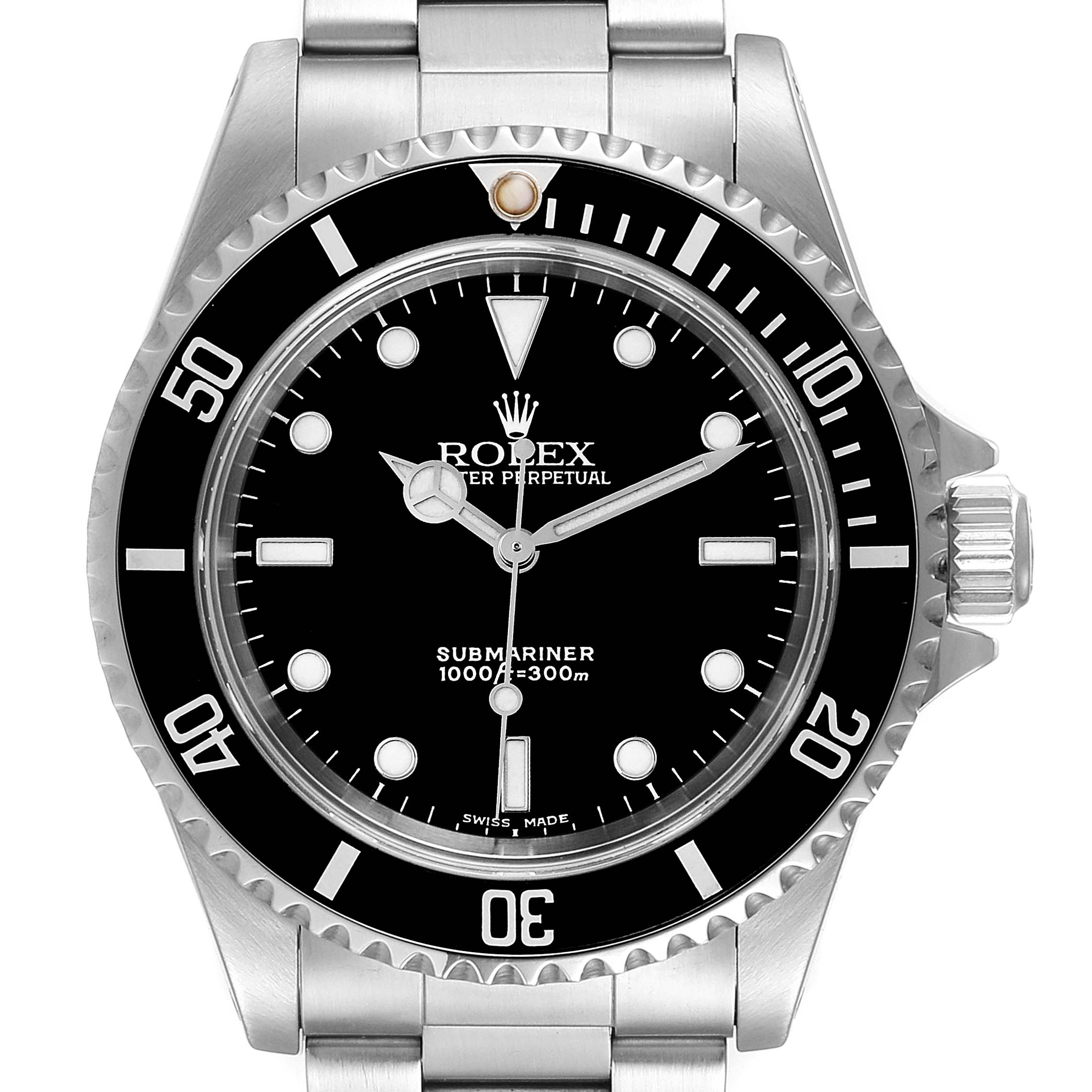 The image shows a front angle of the Rolex Submariner 14060M Men
s Stainless Steel Black Dial 14060M Men
s Stainless Steel Black Dial watch, displaying the black dial, bezel, and metal bracelet.