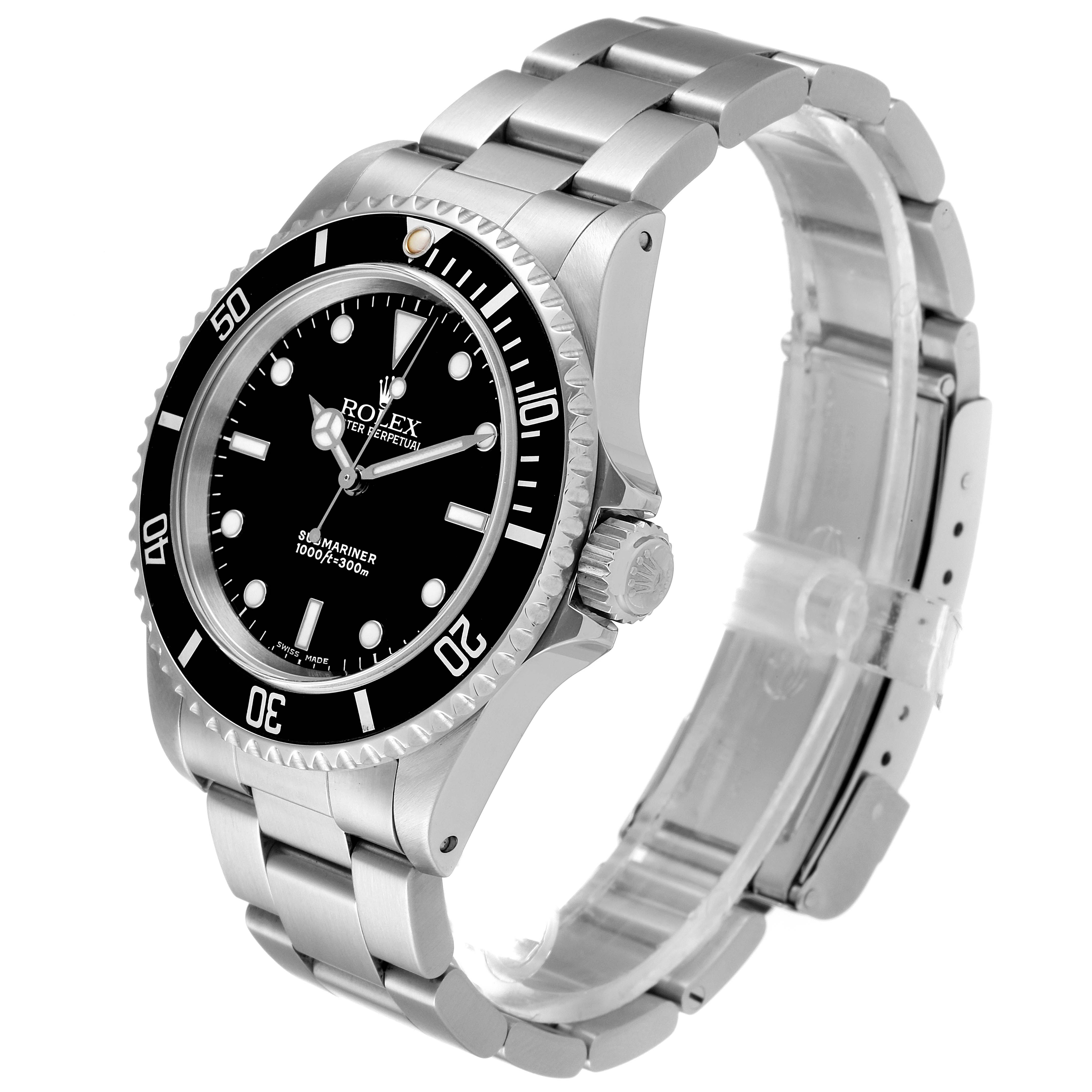 This Rolex Submariner 14060M Men
s Stainless Steel Black Dial 14060M Men
s Stainless Steel Black Dial watch is shown at a three-quarter angle, displaying its black dial, bezel, crown, and stainless steel bracelet.