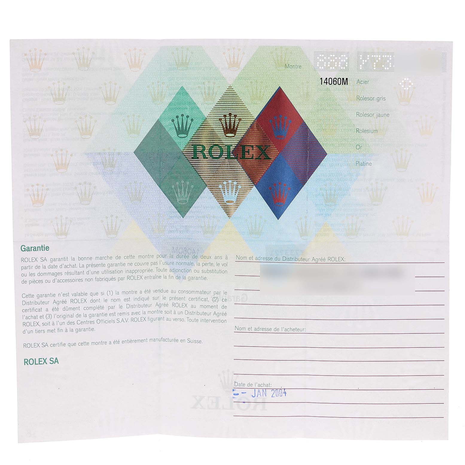 This is the guarantee certificate for the Rolex Submariner 14060M Men
s Stainless Steel Black Dial 14060M Men
s Stainless Steel Black Dial model, showing warranty information and purchase details.