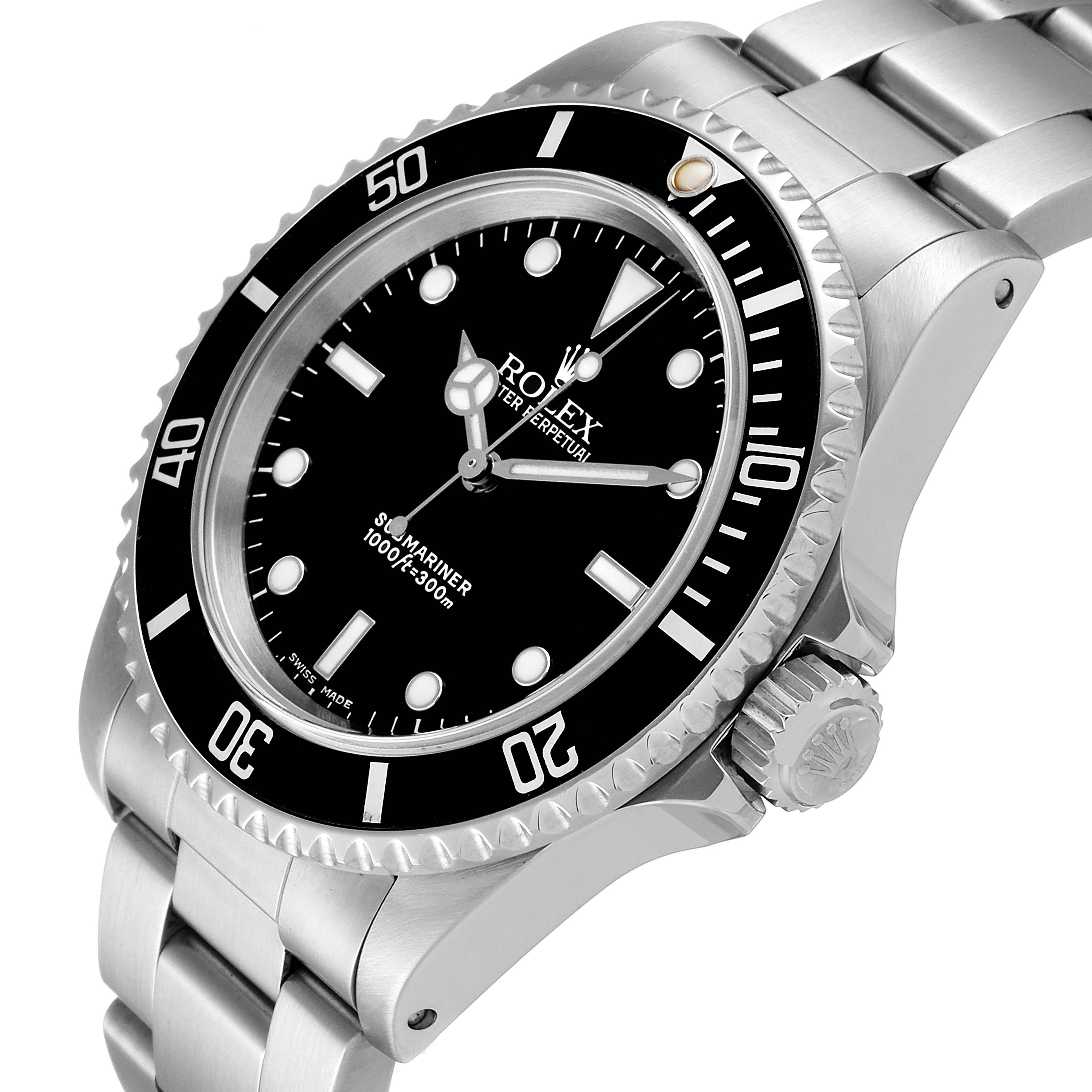 The Rolex Submariner 14060M Men
s Stainless Steel Black Dial 14060M Men
s Stainless Steel Black Dial watch is shown at a three-quarter angle, highlighting the bezel, dial, crown, and bracelet.