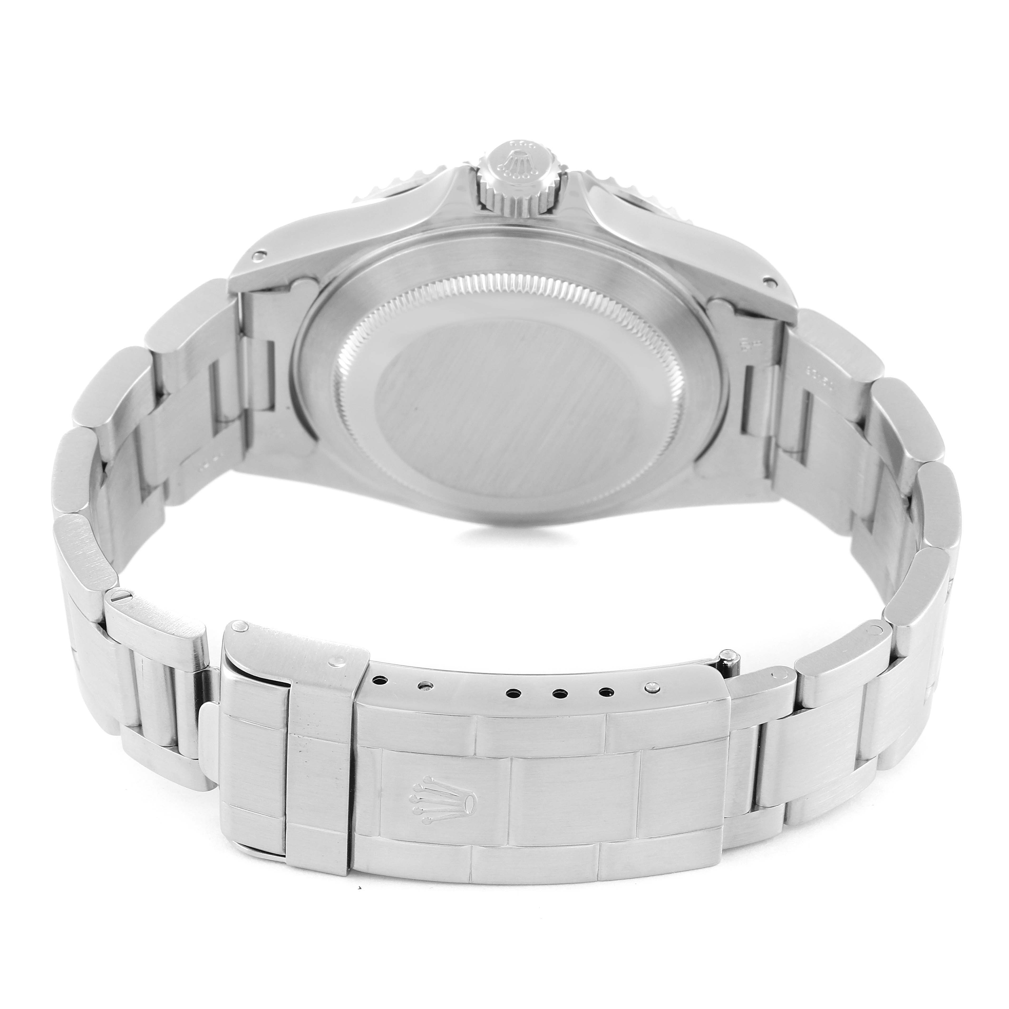 This image shows the back view of a Rolex Submariner 14060M Men
s Stainless Steel Black Dial 14060M Men
s Stainless Steel Black Dial, featuring its case back, bracelet, and clasp with the Rolex logo.