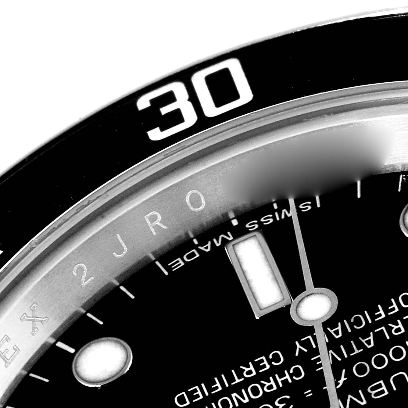 This image shows a close-up of the bezel and dial of the Rolex Submariner 14060M Men
s Stainless Steel Black Dial 14060M Men
s Stainless Steel Black Dial watch at an angle.